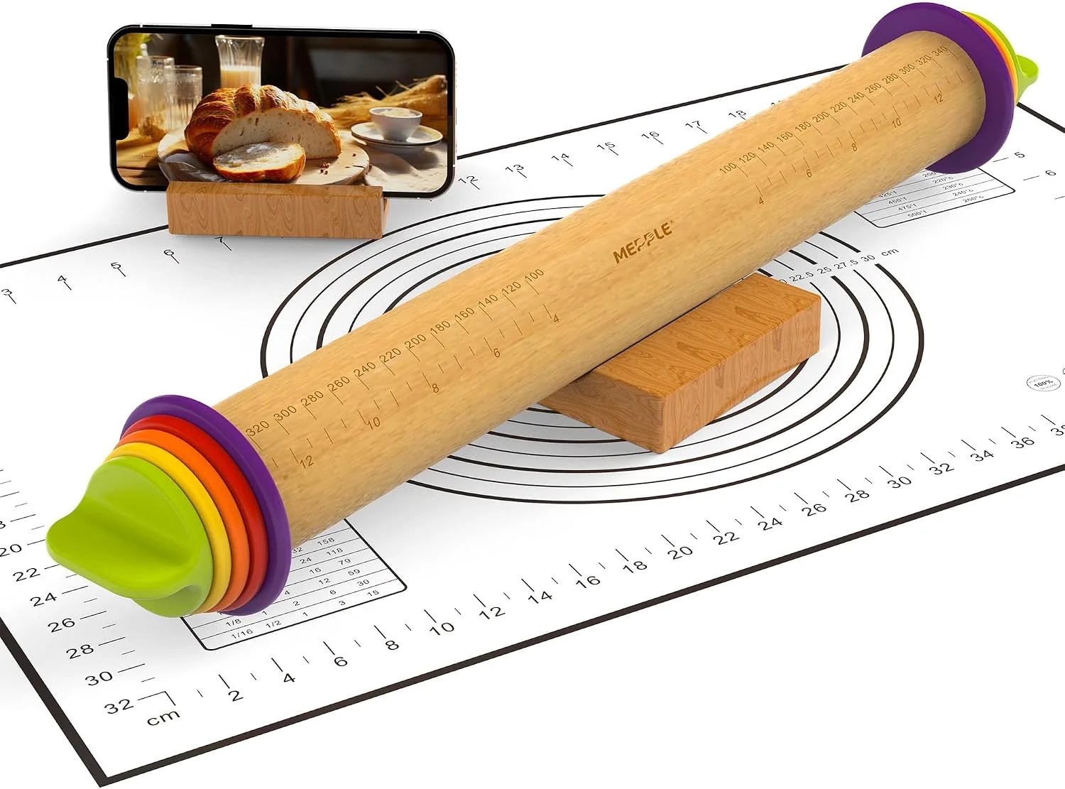 Flexible Adjustable Rolling Pin 13.6”Dough Roller with Mat amp Stand Fits Baking Dough Certified
