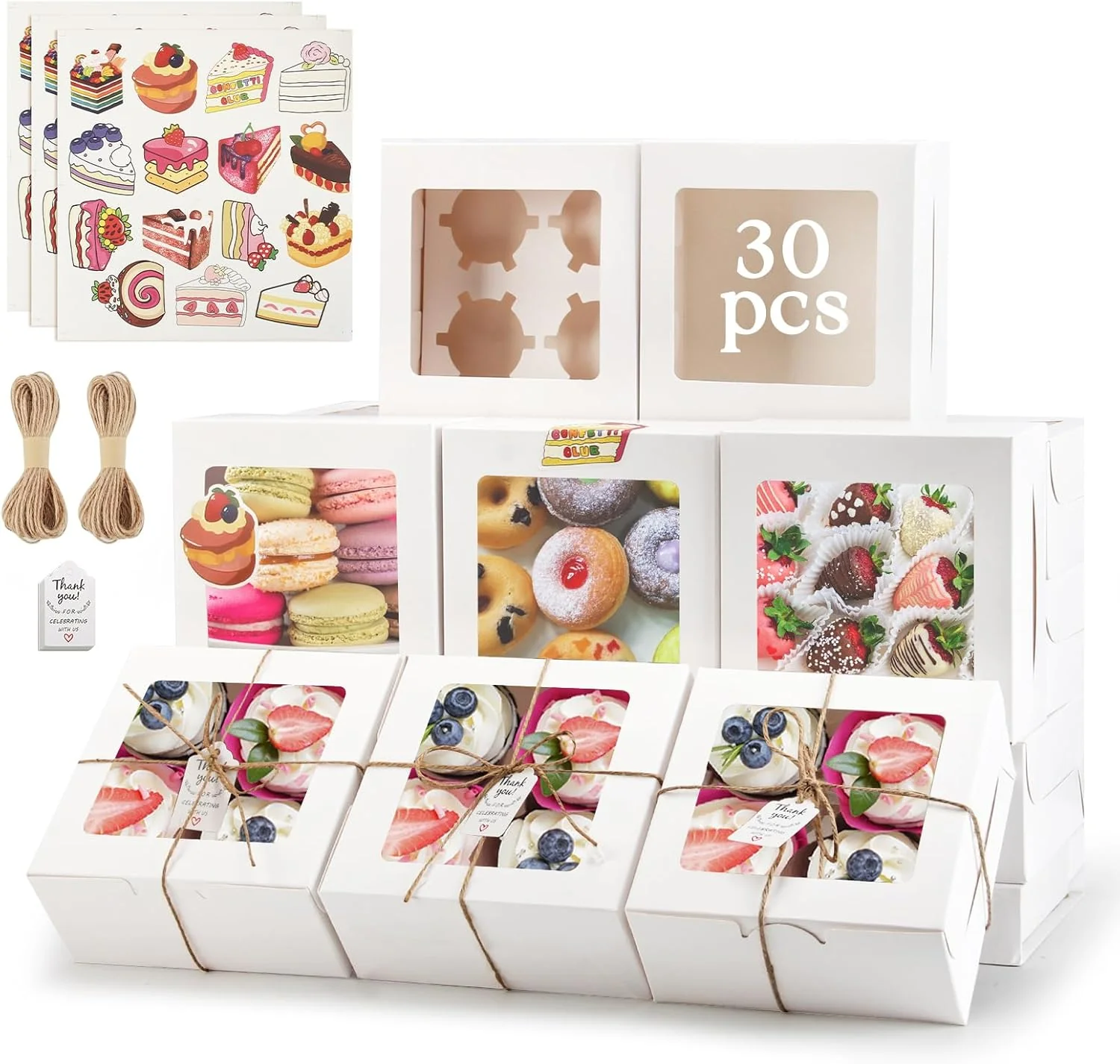 Sustainable Oamceg 30 Pack Cookie Boxes with Window 6x6x3 Inches White Bakery Treat Boxes with Stickers Twine for Pastry Desserts Strawberries Cupcakes Effective