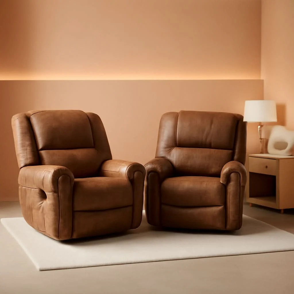 Premium Leather Recliner Chairs Set 2 Nut Brown Manual Recliners Minimalist