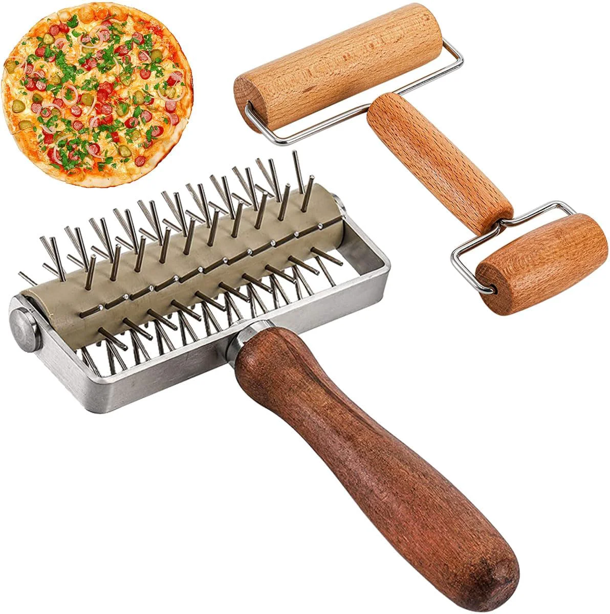 Optimized Dough Docker Roller Stainless Steel and Wooden Dough Roller Set of 2 Pizza Pin Roller Dough Hole Maker Wood Pastry Pizza Roller for Pizza Cookie Dependable
