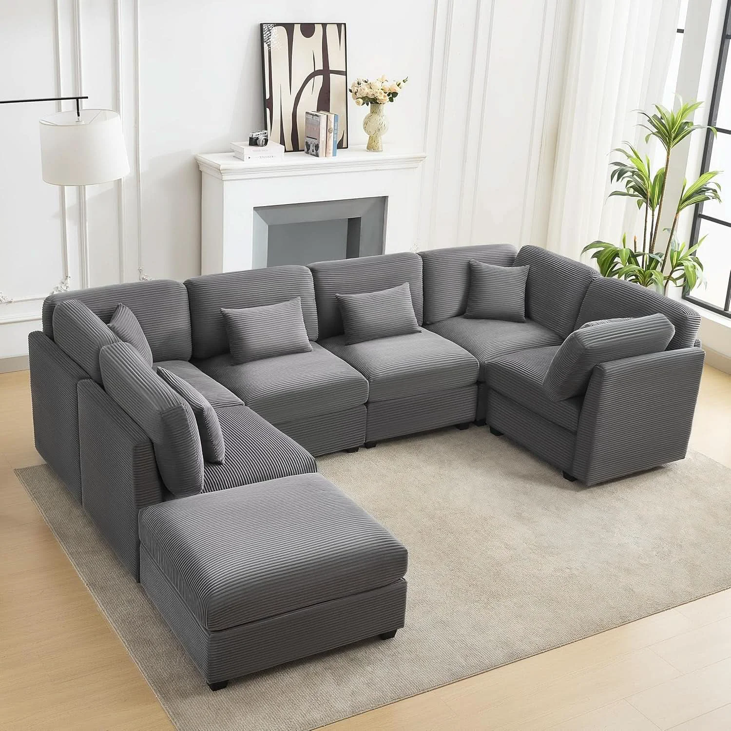 High-Grade 125Inch Oversized Corduroy Cloud Sleeper Grey Sofa Elegant
