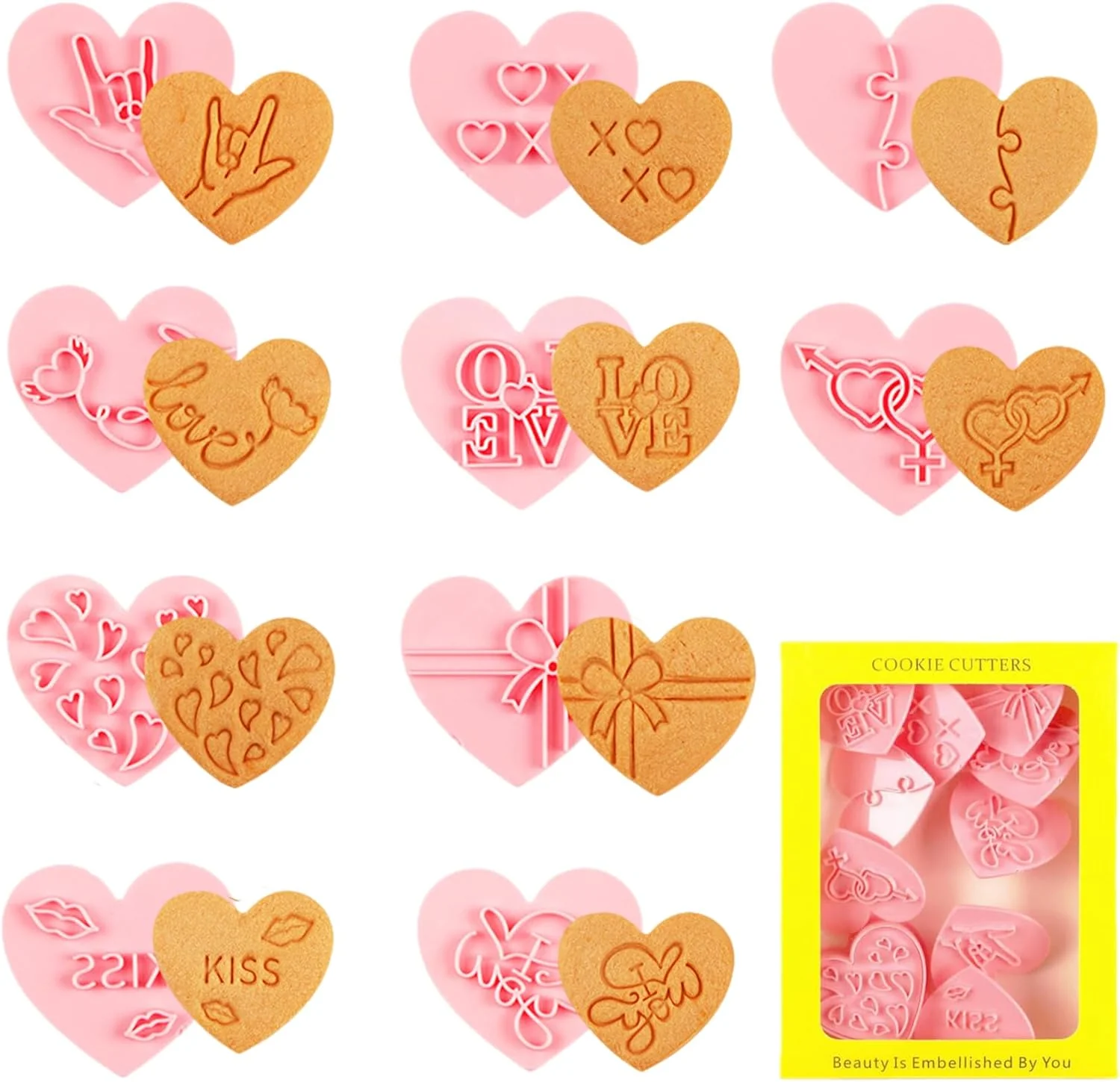 Secure 10 Pcs Heart Cookie Cutter Set 3D Pressable Biscuit Cutter and Stamps Valentine’s Day Cookie Molds Wedding Party DIY Cake Decorating Kit D Effective