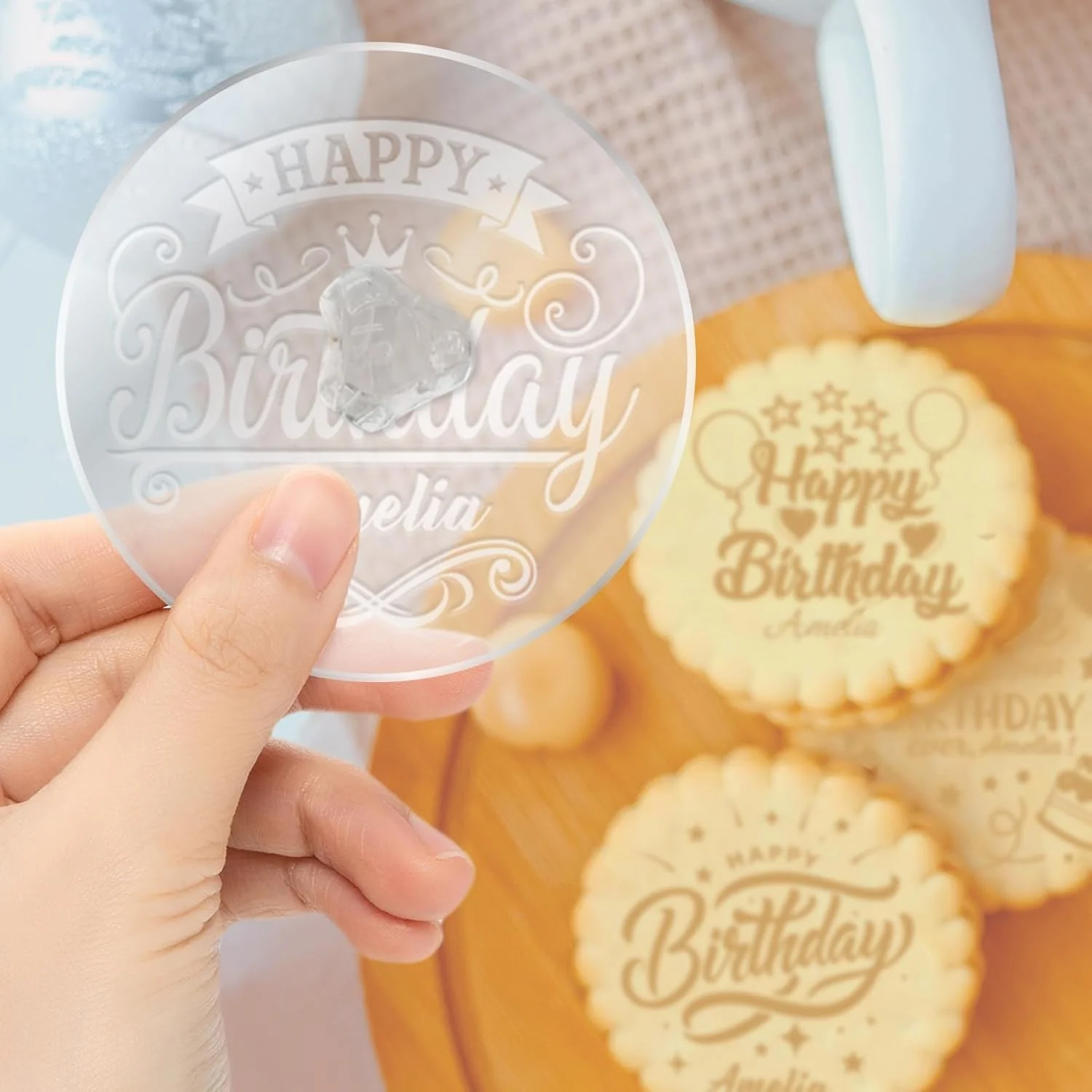 Soft Personalized Birthday Cookie Stamp Custom Acrylic Cookie Embossing Mold with Handle for Baking Decoration Modern