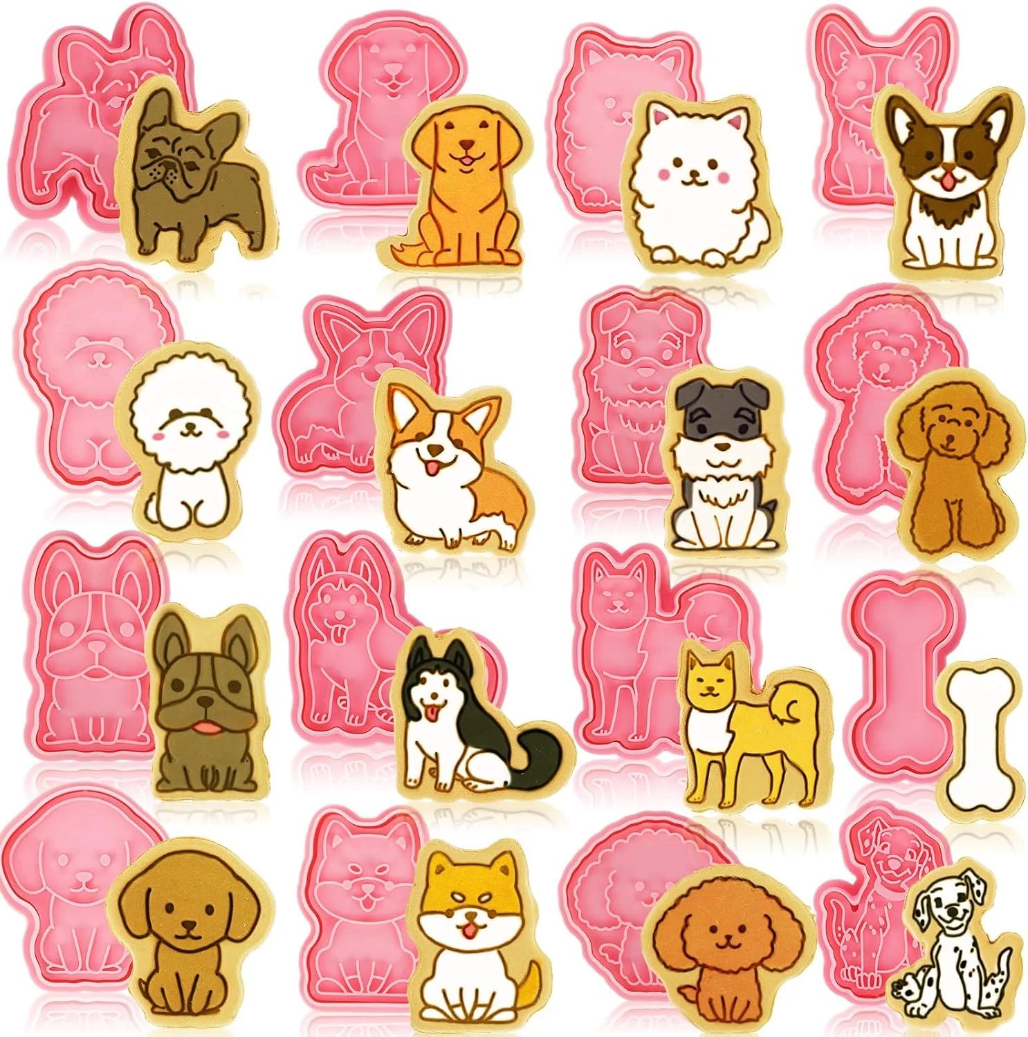 Next-Generation 16 Pcs Dog Cookie Cutters with Plunger Stamps Set 3D Puppy Bone Shape Biscuit Cutter Funny Cartoon Cookie Stamps Stamped Embossed Dog Cookie Cutters Refined