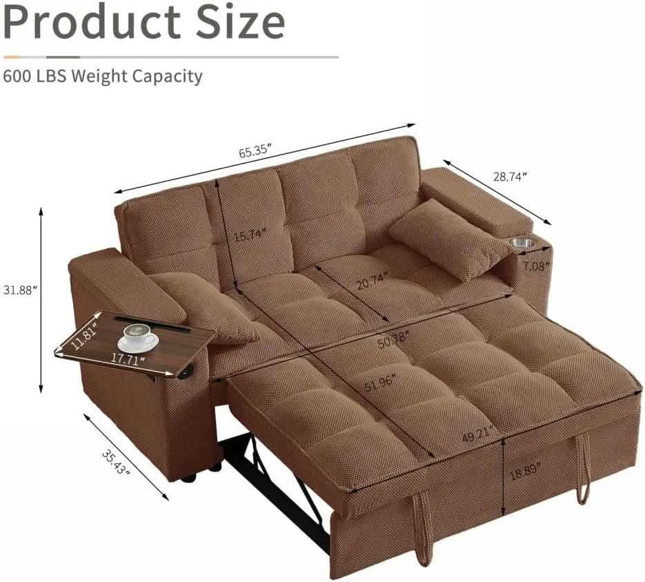 Safe 65 Inches Durable Convertible Sleeper Sofa ChocolateBrown Consistent