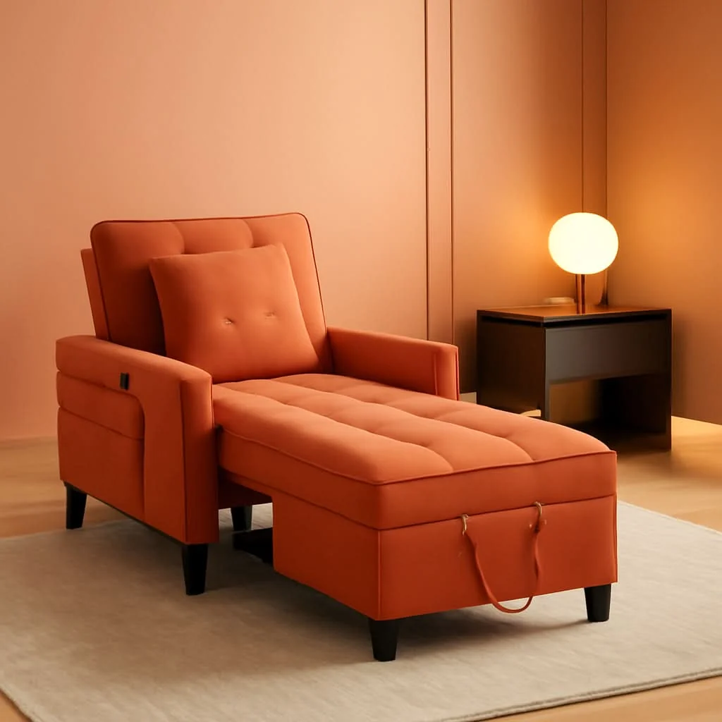 Exclusive Three In One Velvet Orange Convertible Sleeper Chair Eco-Friendly