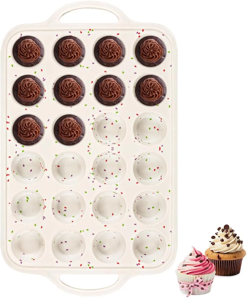 Powerful Silicone Mini Muffin Pan With Metal Reinforced Frame – 24 Cups Durable Silicone Cupcake Pan for Muffin Cupcakes BPA and Dishwasher Safe – 1 Piece Beige with Rainbow Spots Traditional