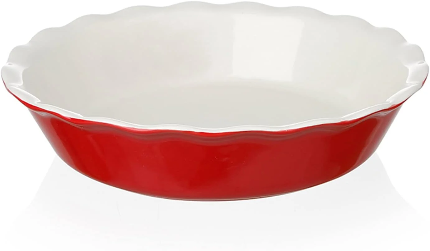 Enhanced Sweejar Ceramic Pie Pan – 10 Inch Round Baking Dish for Dinner Non-Stick with Soft Wave Edge for Apple Pumpkin Pot Pies Red High-End