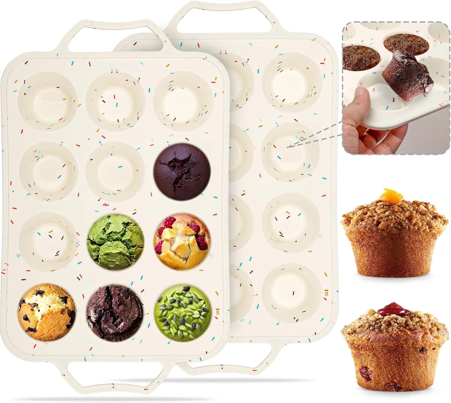 Smart 2 Pack Silicone Muffin Pans for Baking with Metal Reinforced Frame 12 Cup Cupcake Baking Pans Nonstick for Oven Proven
