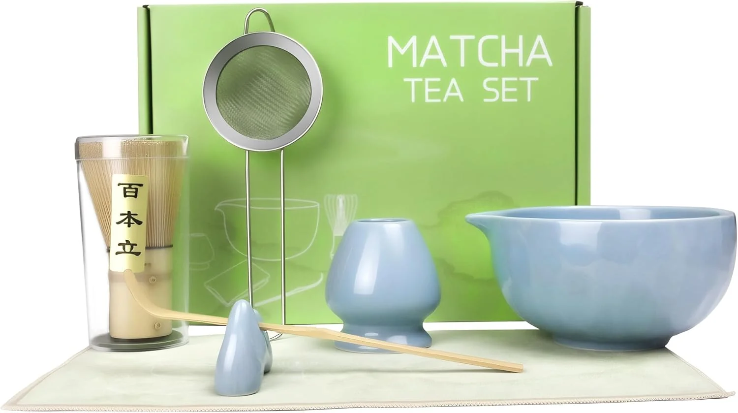 Smart 7-Pcs Matcha Whisk Set – Ceramic Matcha Set Includes Bowl Whisk Holder Bamboo Scoop Scoop Rest Sifter Tea Towel Clean