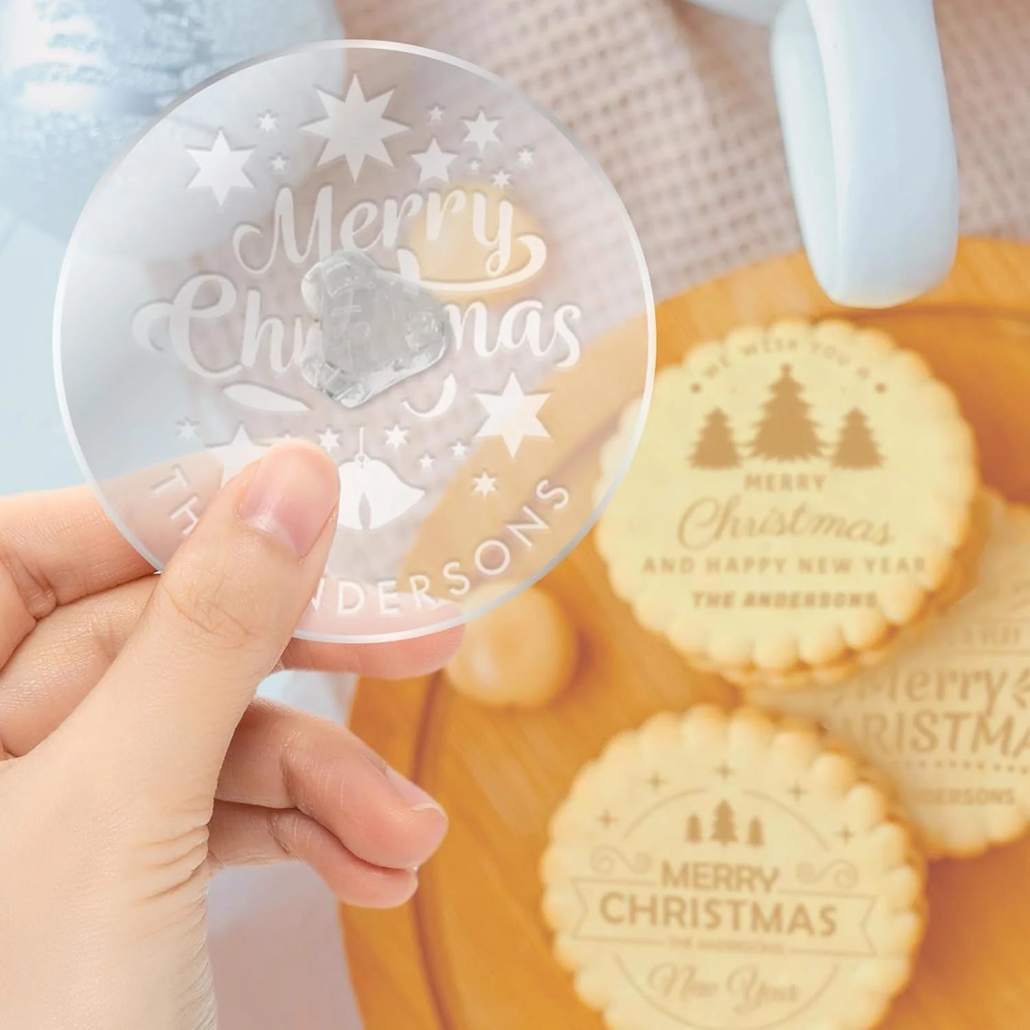 Elegant Personalized Christmas Cookie Stamp Custom Acrylic Cookie Embossing Mold with Handle for Baking Decoration Green