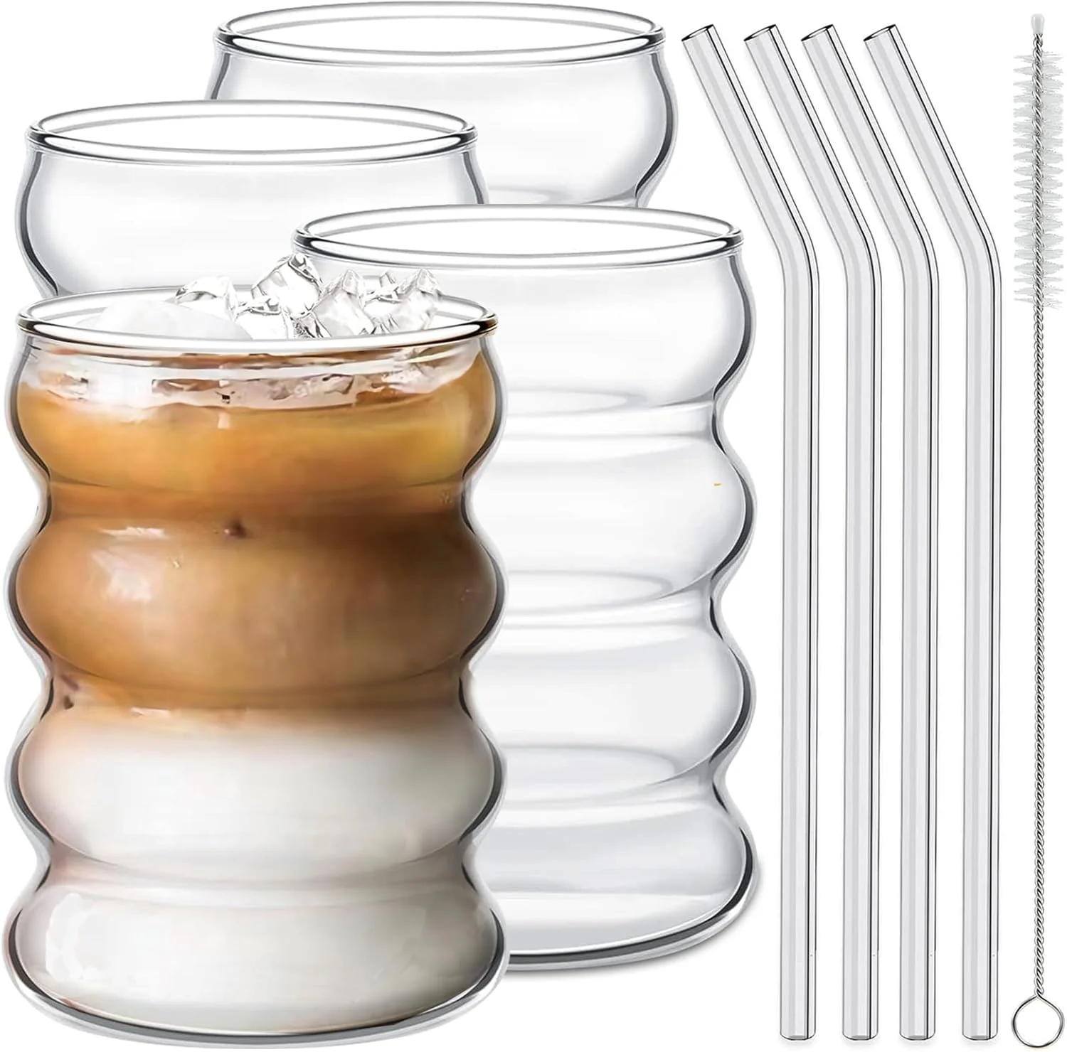 Flexible 4 Pcs Drinking Glasses with Glass Straw 14oz Glassware Set Cocktail Glasses Iced Coffee Glasses Beer Glasses I for Water Soda Tea Gift Reusable