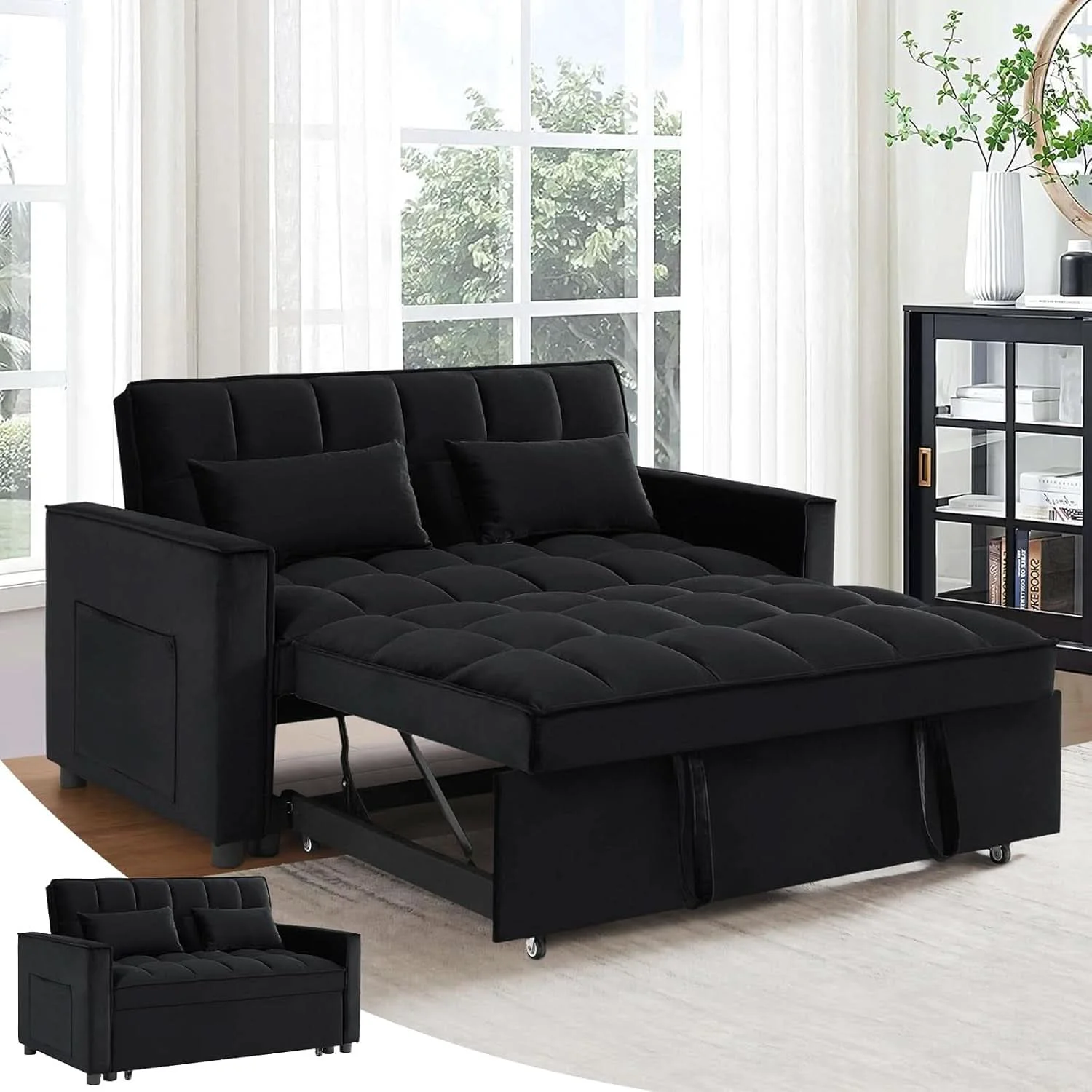 Trendy Modern Velvet 3 in 1 Convertible Sleeper Sofa Bed Safe