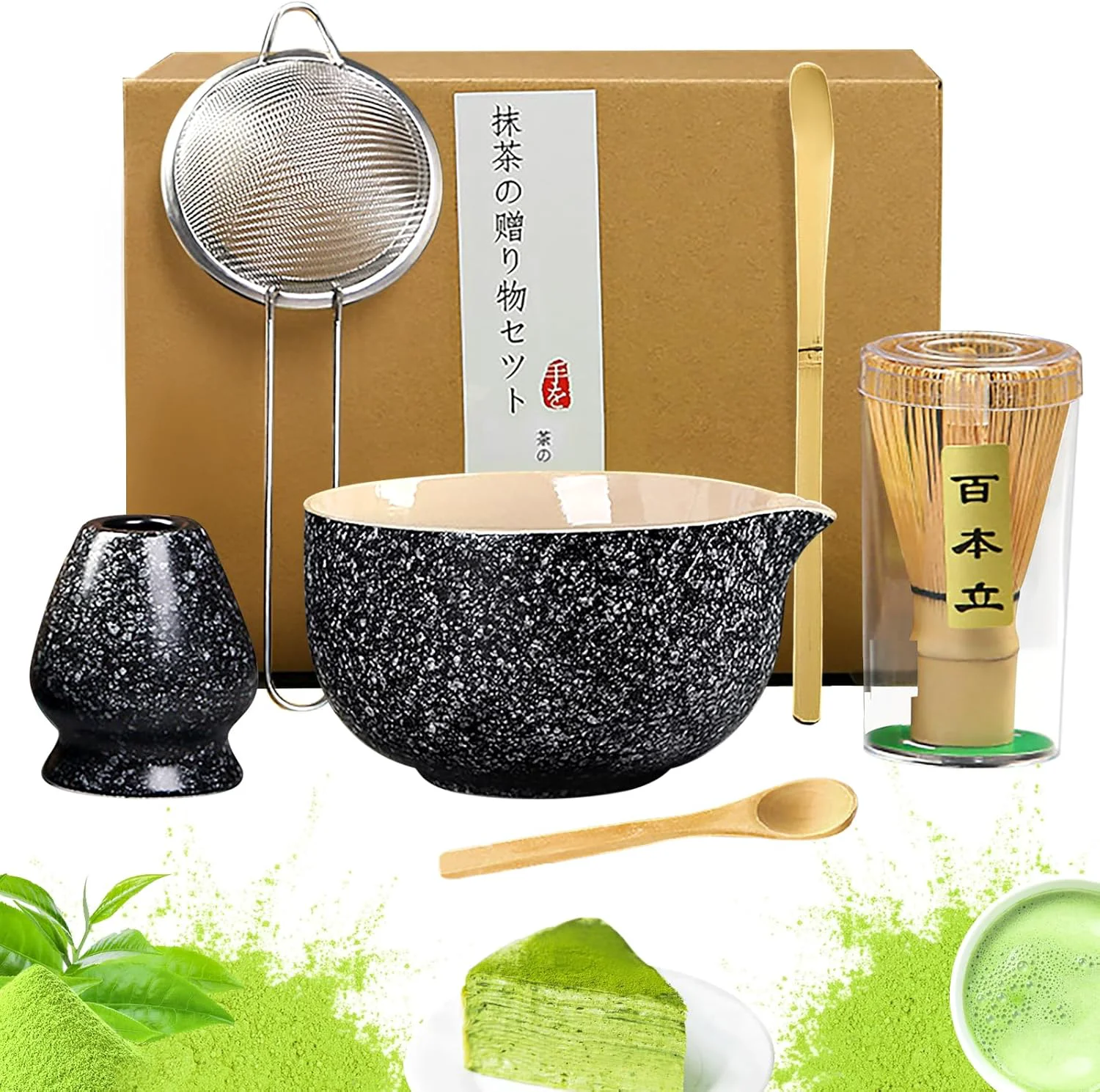 Original Design Matcha Set 6 Pcs Matcha Whisk Set with 20 oz Bowl Bamboo Whisk for Matcha Tea Matcha Bowl Ceramic Matcha whisk Holder Stainless Sifter and Scoop – Gift for matcha kit Lovers（Black） Relaxed