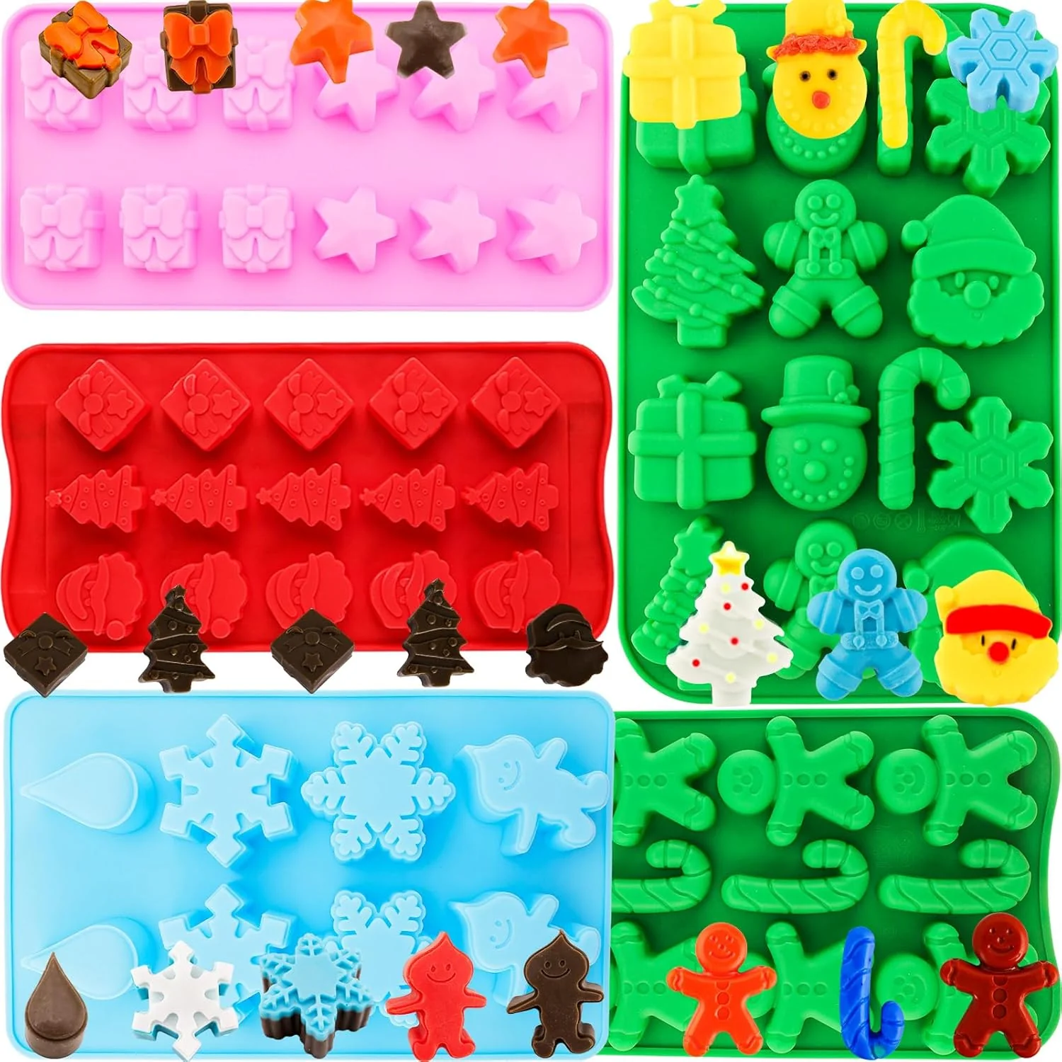 Traditional Christmas Silicone Chocolate Molds 5PCS Christmas Trees Snowflake Socks Bells Gingerbread Man Santa Shape Baking Molds for Chocolate Jelly Soap First-Class