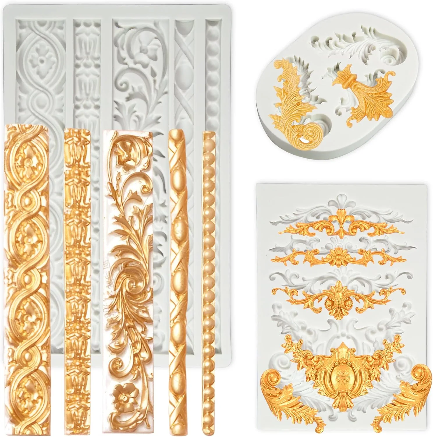 Breathable 3 Packs Baroque Silicone Molds Scroll Silicone Baroque Mold Clay Molds Fondant Molds Border Fondant Mold Wedding Birthday Cake Decoration High-Quality