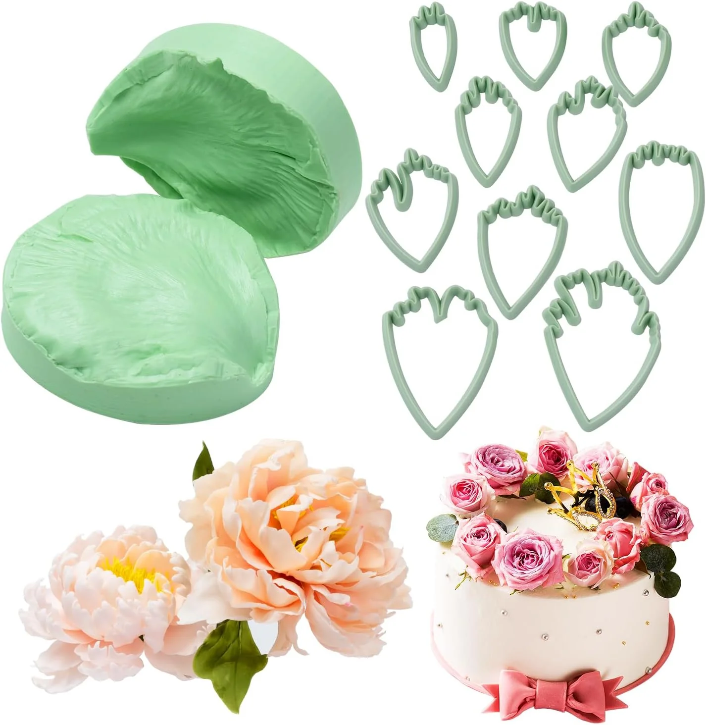 Breathable Kalaien Flower Silicone Mold 10 Pcs Gumpaste Cutters 2 Pcs Peony Petal Fondant Veining Molds for Sugarcraft Flower Decorating Mold Healthy