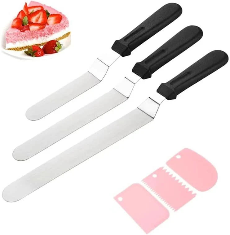 High-End Offset Icing Spatula Set Stainless Steel Cake Decorating Tools 6 8 10 blades non-slip handles 3 scrapers. Angled offset for easy frosting. I for baking amp cake decorating Smooth