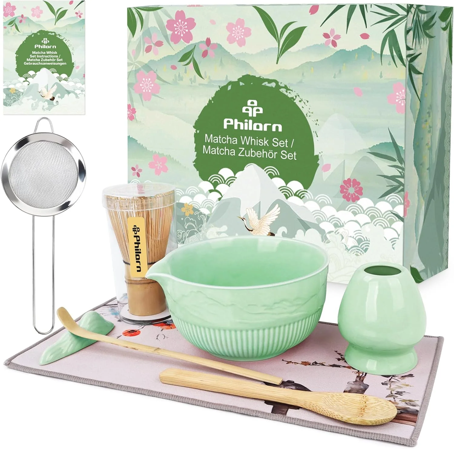 Lightweight Philorn Matcha Whisk Set 9Pcs Ceramic Matcha Kit Matcha Bowl with Spout Whisk Holder Bamboo Scoop Scoop Rest Fine Crafted