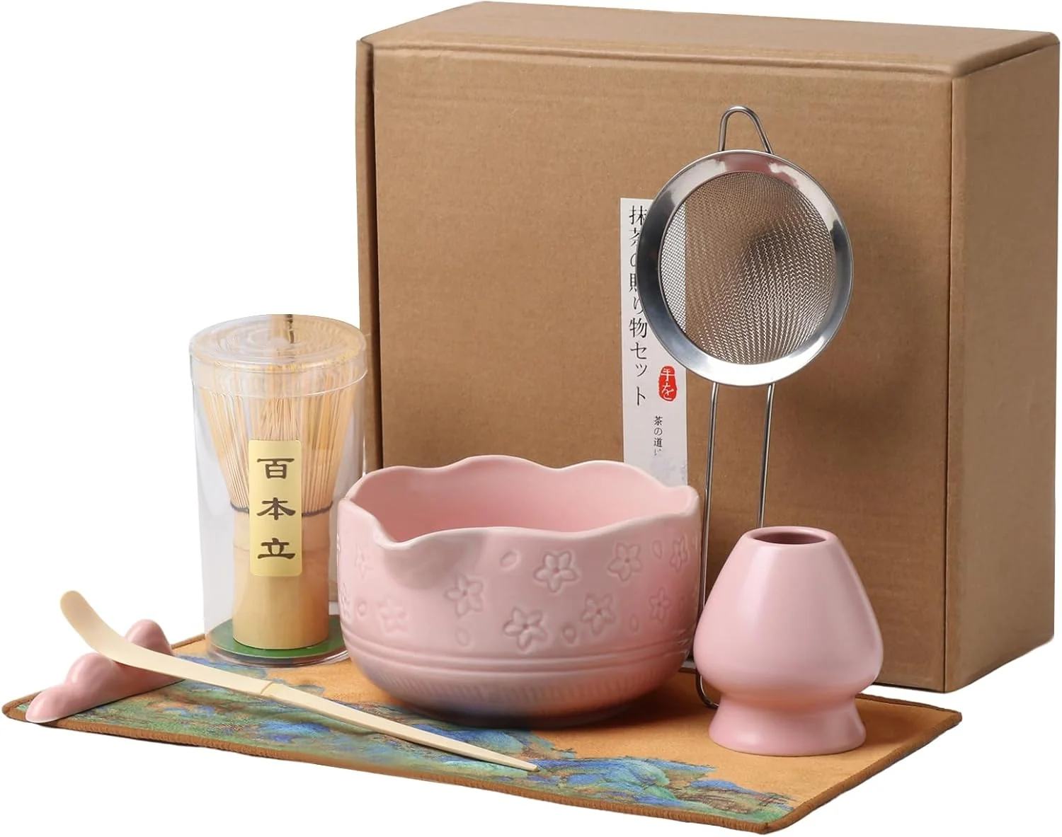 Top-Quality Matcha Whisk Set Japanese Ceramic Matcha Bowl with Spout Bamboo Whisk Sifter Scoop Holder Tea Cloth 7-Piece Ceremonial Matcha Kit Secure
