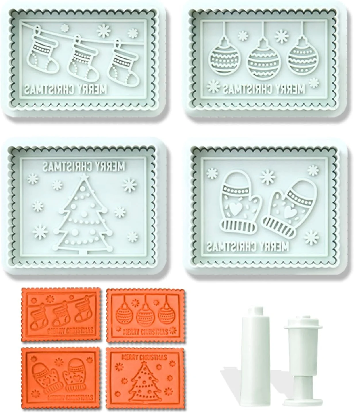 Smart Christmas Cookie Cutters 4-Piece 3D Merry Christmas Plastic Cookie Stamp Set Comes with Merry Christmas in English Advanced