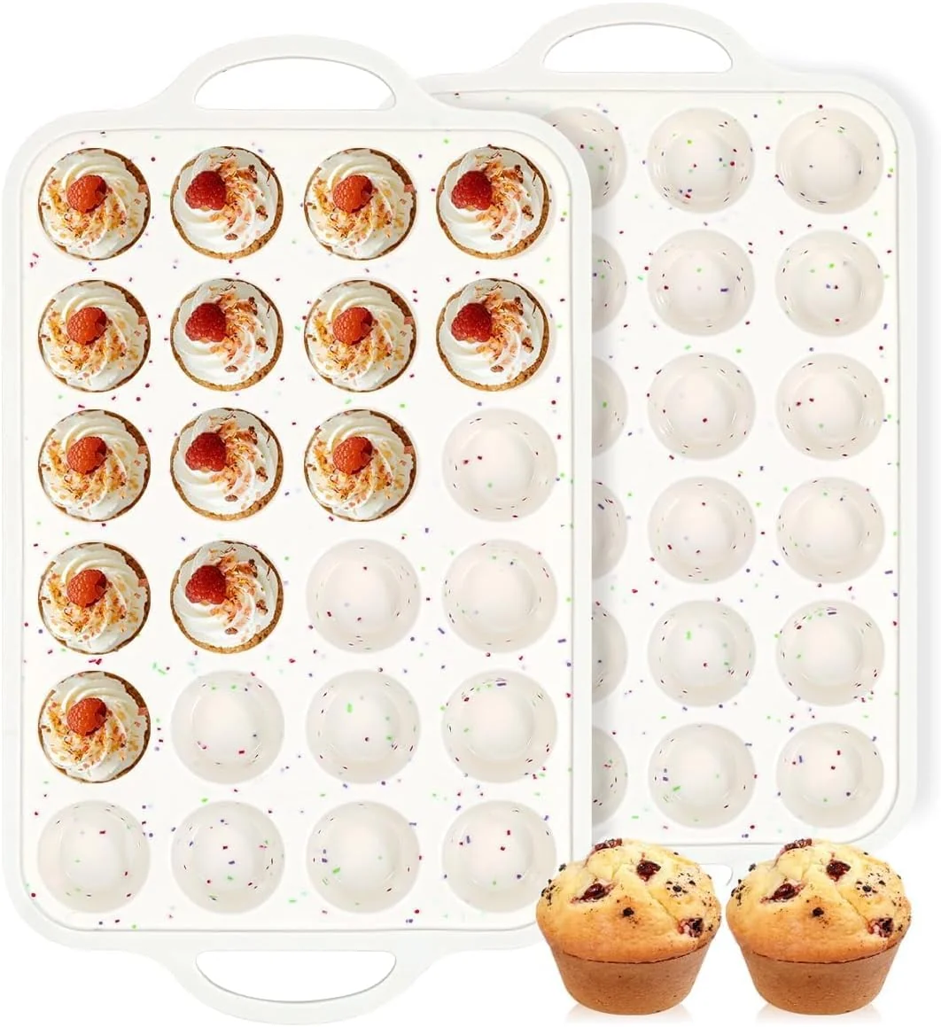 Minimalist FUNBAKY Silicone Mini Muffin Pan Metal Reinforced Frame 24 Cups Nonstick Mini Cupcake Pans with Handles Easy to Move for Baking Muffin Cupcake Egg Bites Oven Safe Silicone Molds 2 Pack Confetti Clean