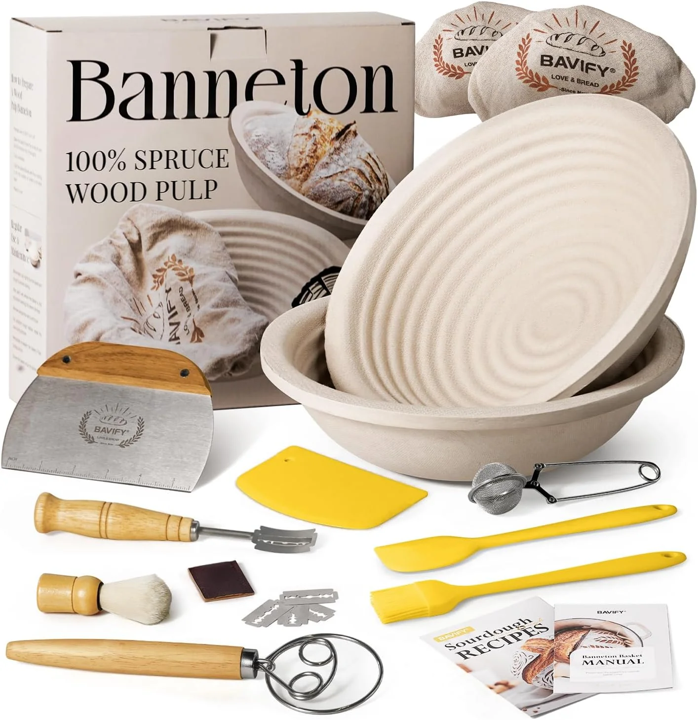 Long-Lasting Wood Pulp Banneton Bread Proofing Basket Set 9 2.2LB Round Sourdough Banneton Basket Kit Exclusive