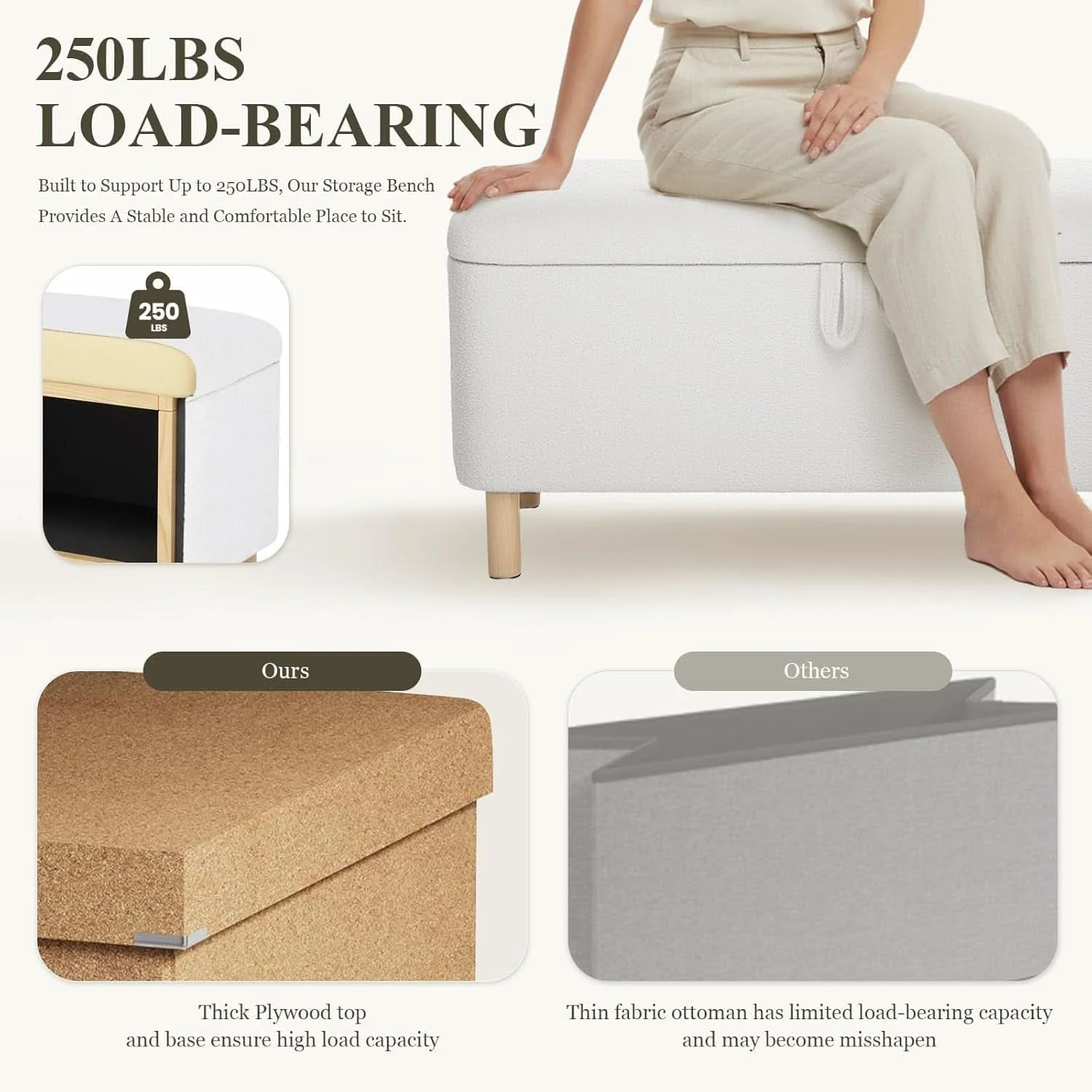 Fine Crafted Cream Storage Ottoman Bench With Hidden Compartments Dependable