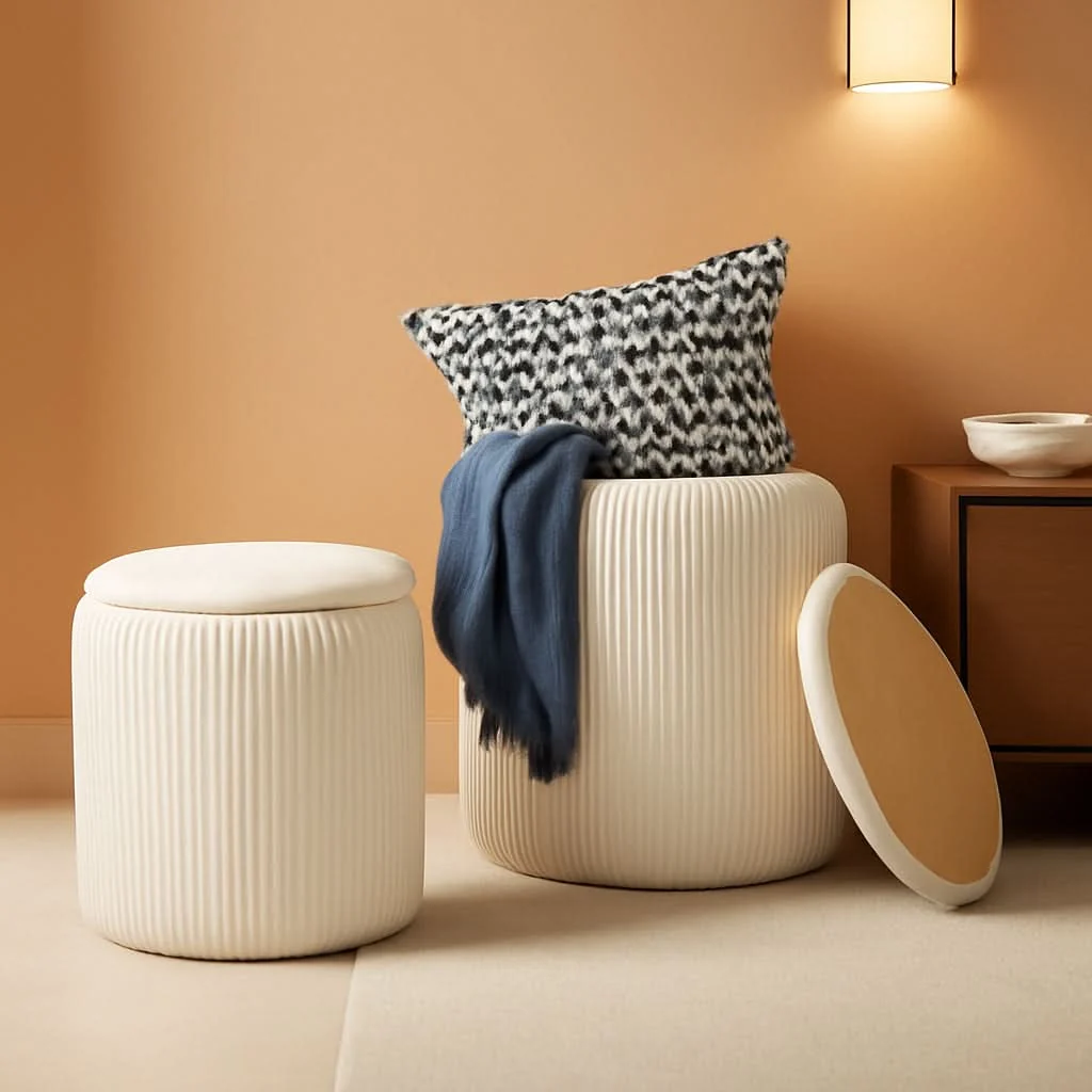 Efficient White Velvet Upholstered Storage Ottoman Vanity Set Pure