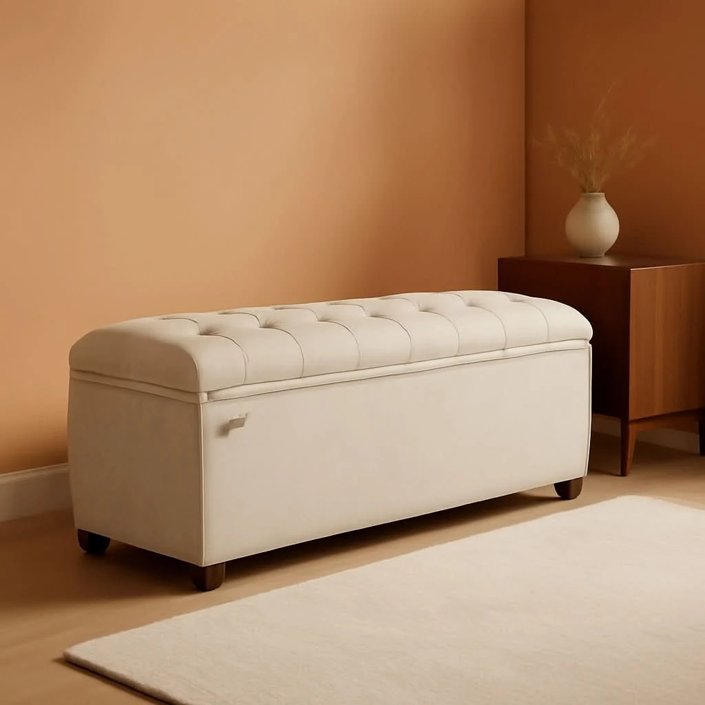 High-End Cream Velvet Textured Storage Ottoman Bench 43Inch Sustainable