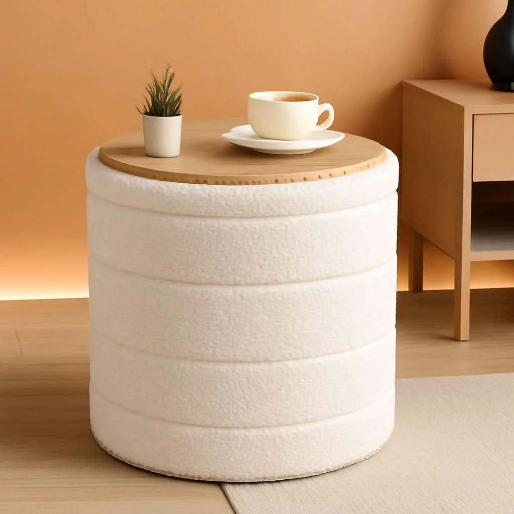 Convenient Round Storage Ottoman With Tray White VelvetFabric World-Class
