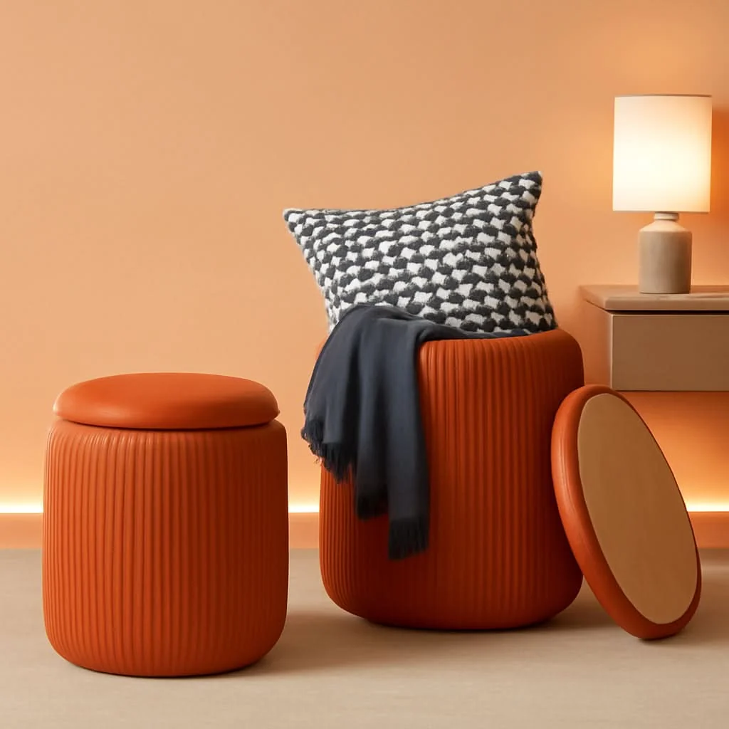 Modern Two Orange Velvet Round Storage Ottoman Multifunction Outstanding