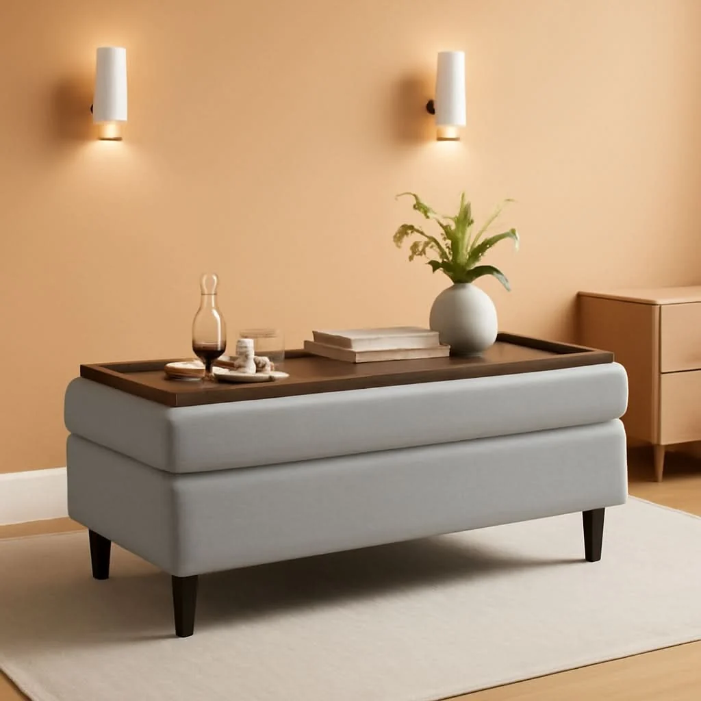Smooth FortySixInch Grey Storage Ottoman Bench Upholstered Linen Recyclable