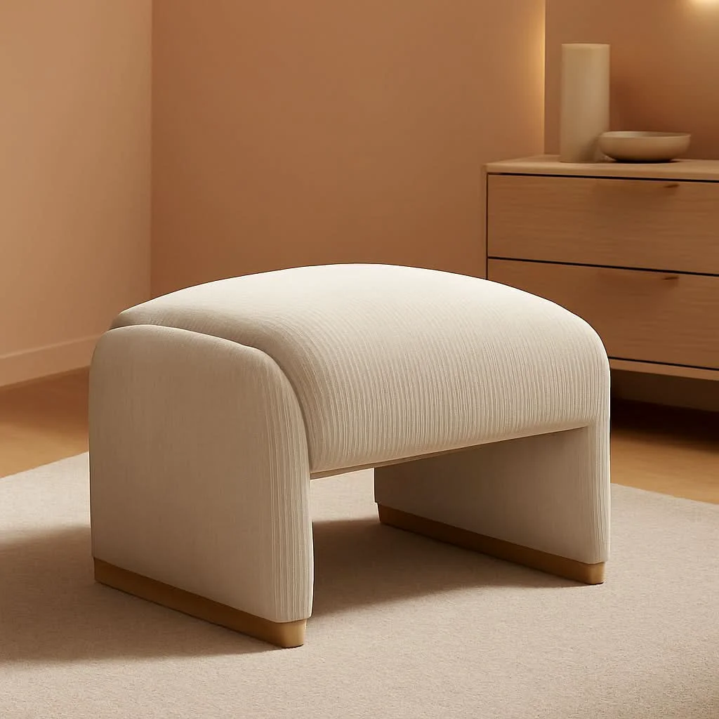 Minimalist Beige Corduroy Ottoman With Contemporary Wood Legs High-Quality