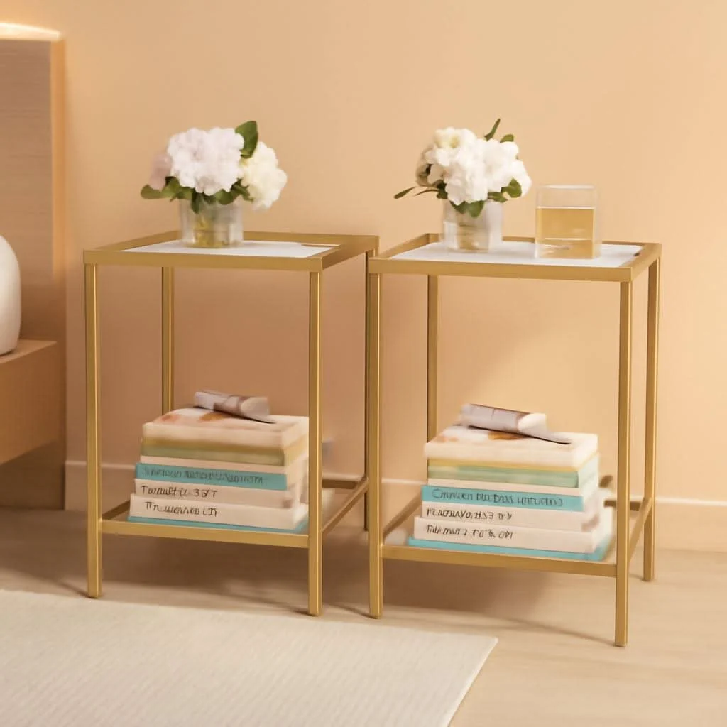 Excellent Interlocking Braced Gold Tempered Glass End Tables Fine Crafted