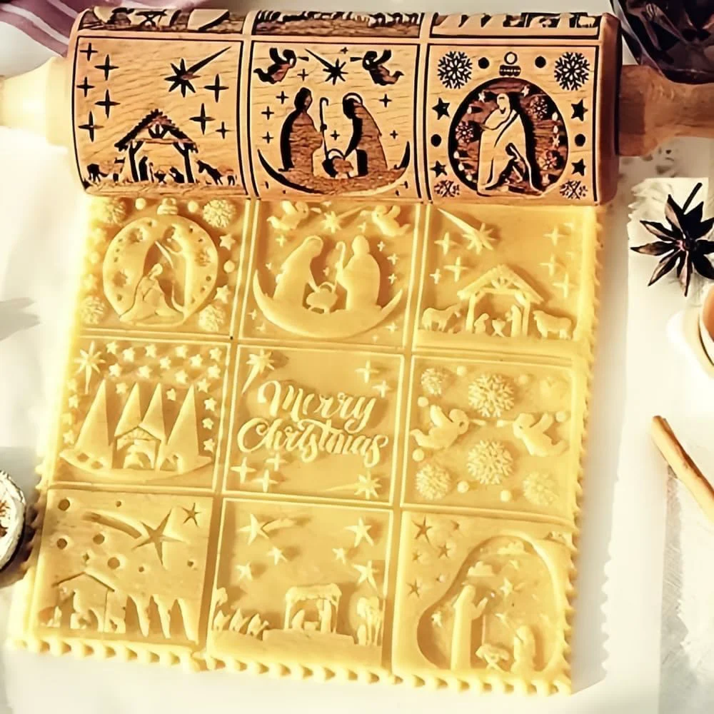 Consistent Christmas Wooden Rolling Pin for Baking Engraved Embossing Rolling Pin Cookie Stamps Roller Square Grid Cookies Mold Kitchen Decor Tools for Kids Safe