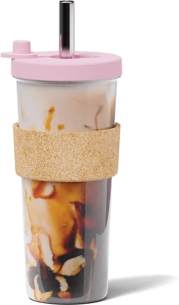 Casual Dodoko Reusable Boba Cup with Straw – Iced Coffee Smoothie Tumbler 24 oz – Bubble Pink Durable
