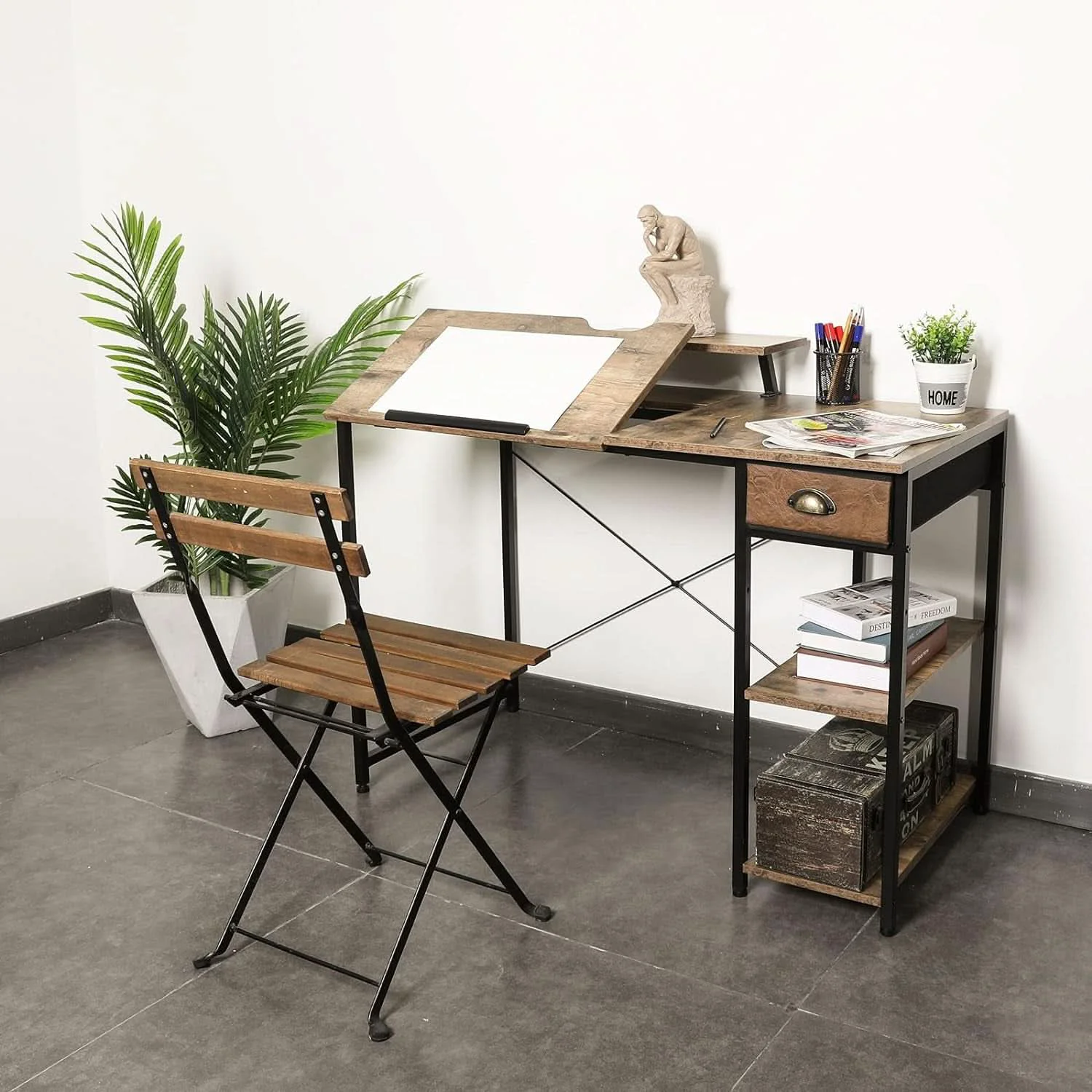 Sophisticated Adjustable Drafting Table with Storage Shelves and Drawer Lightweight