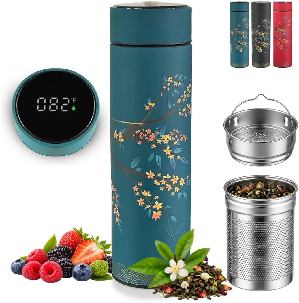 Carefully Designed Farasi Tea Infuser for Loose Leaf Tea Smart Water Bottle with Temperature Display Stainless Steel Insulated Coffee and Fruit Tea Infuser Bottle – Green Floral Travel Tea Mugs 15 oz First-Class