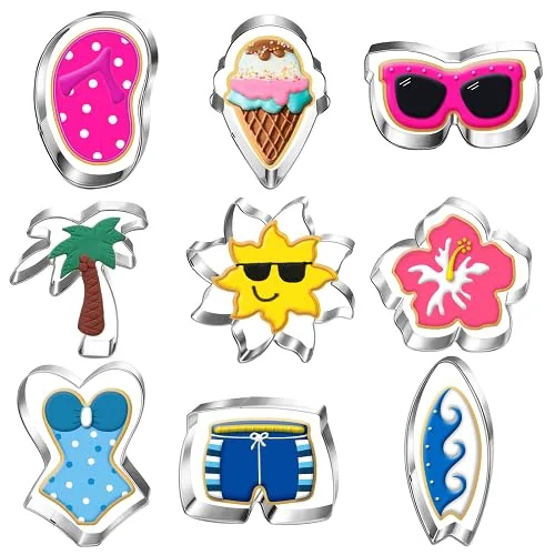 Reusable Beach Cookie Cutter Set-9 Piece-Flip Flop Sunglasses Sun Ice Cream Palm Tree Bathing Suit Tropical Flower Versatile
