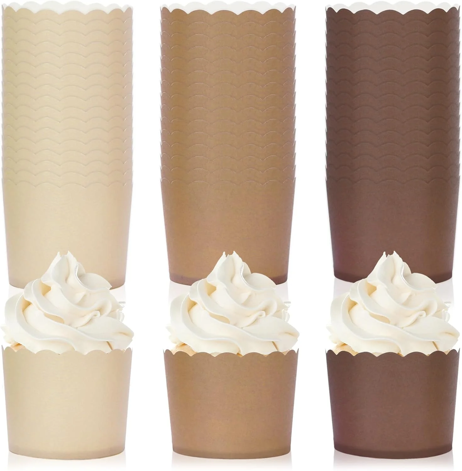 Premium Material Whaline 120Pcs Brown Paper Baking Cups Scalloped Edge Cupcake Wrappers Gradient Brown Cupcake Muffin Cases for Wedding Birthday Baby Shower 3 Colors Trendy