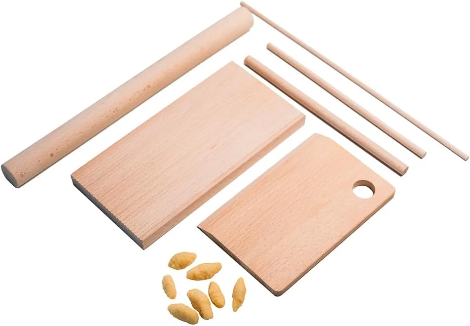 Outstanding Wooden Pasta Board Set – 6-Piece Pasta Making Tools – Includes Pasta Board Bench Scraper 4 Rolling Pins – Make Rigatoni Gnocchi Garganelli Fast