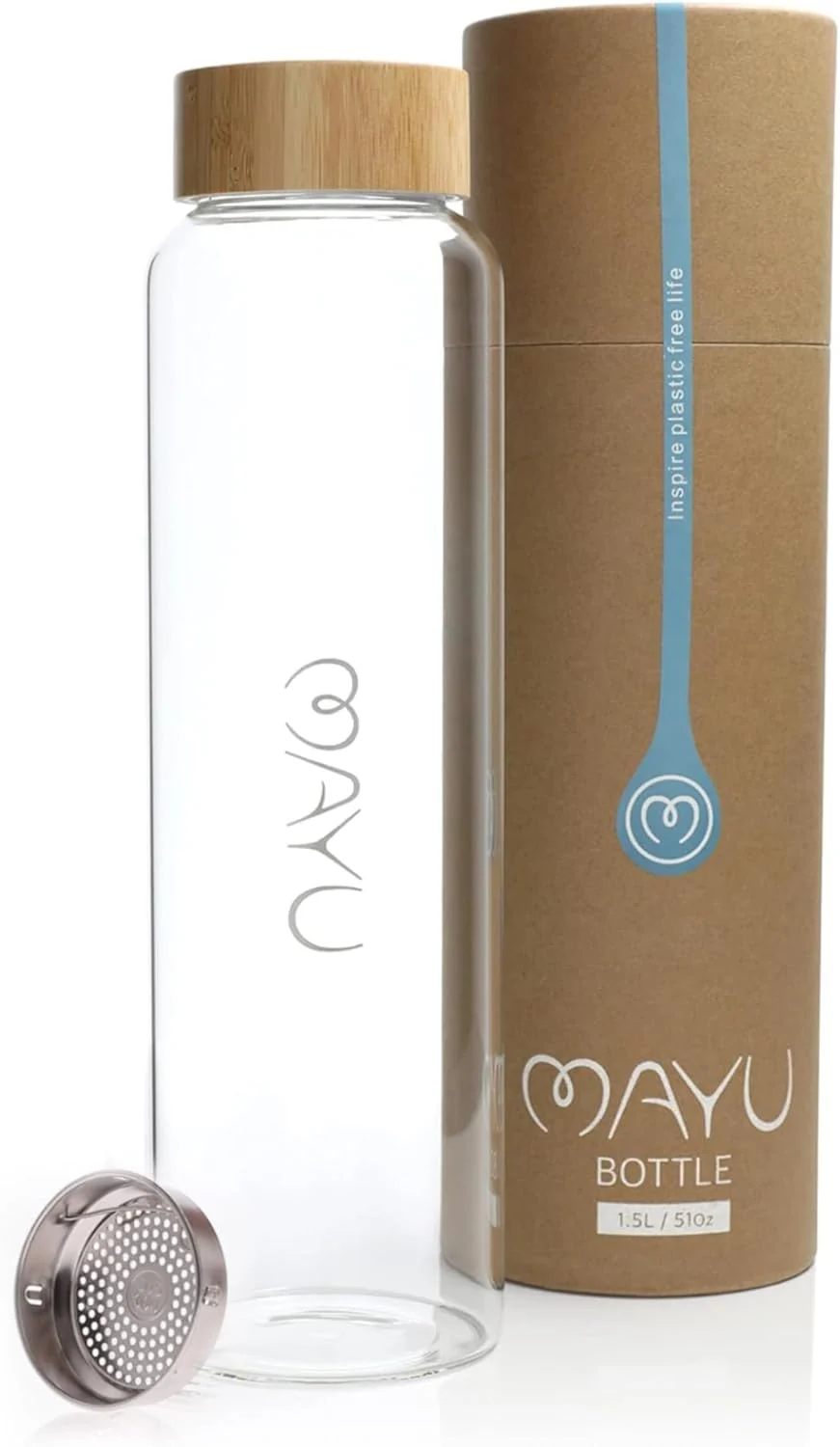 Soft mayu Portable Container Water Bottle With Bamboo Lid – Eco Friendly BPA Borosilicate Glass Infuser Bottle – Leak Design – For Storage Stylish