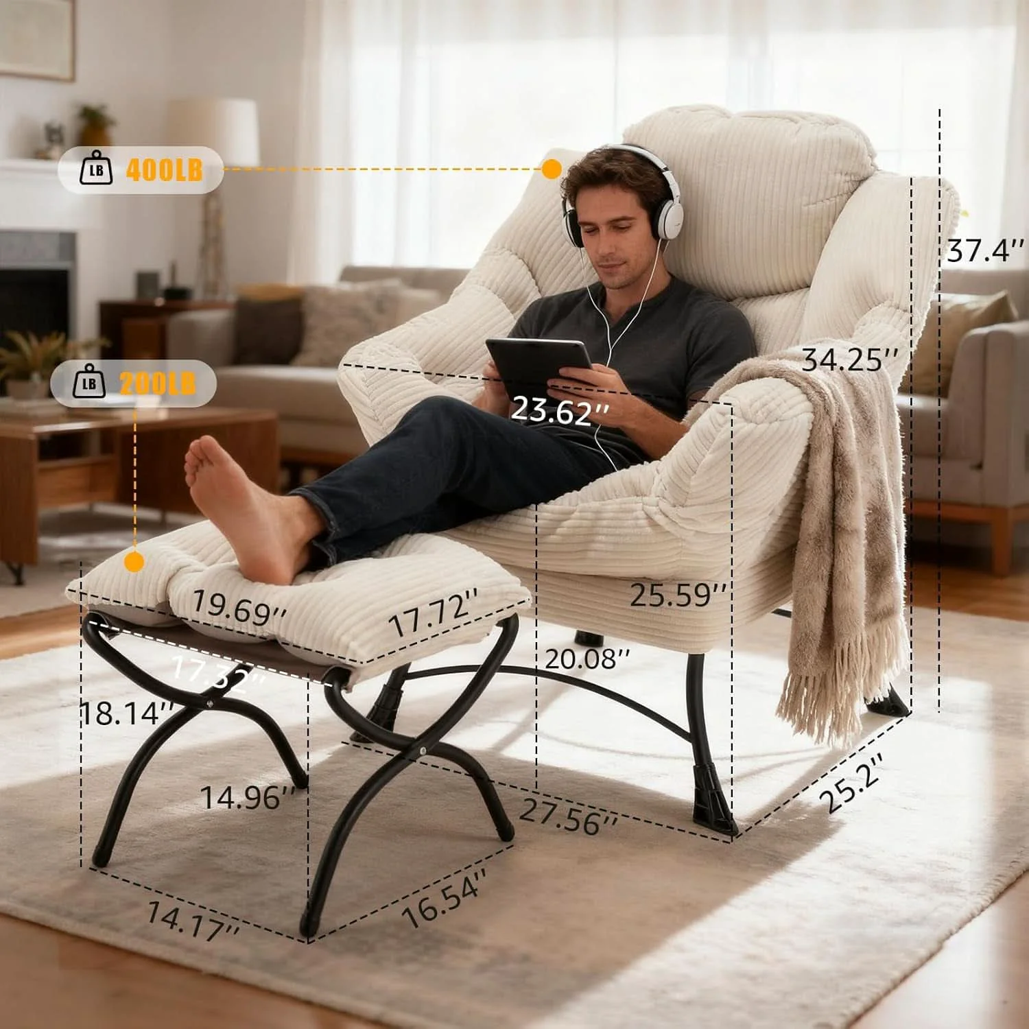 Effective Oversized Corduroy White Reading Chair With Ottoman Smooth