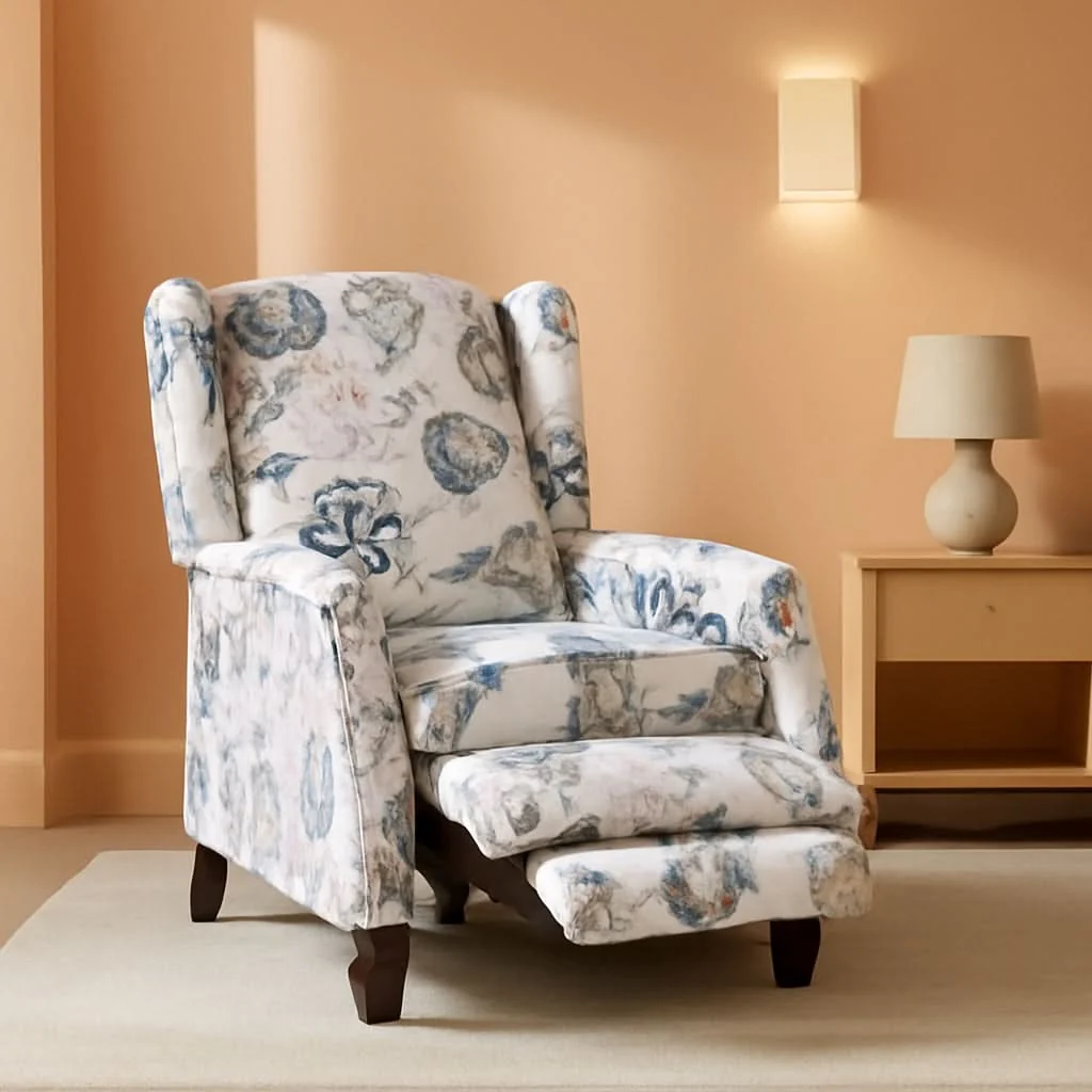 Solid Upholstered Wingback Recliner Chair Blue Floral Elegant Soft