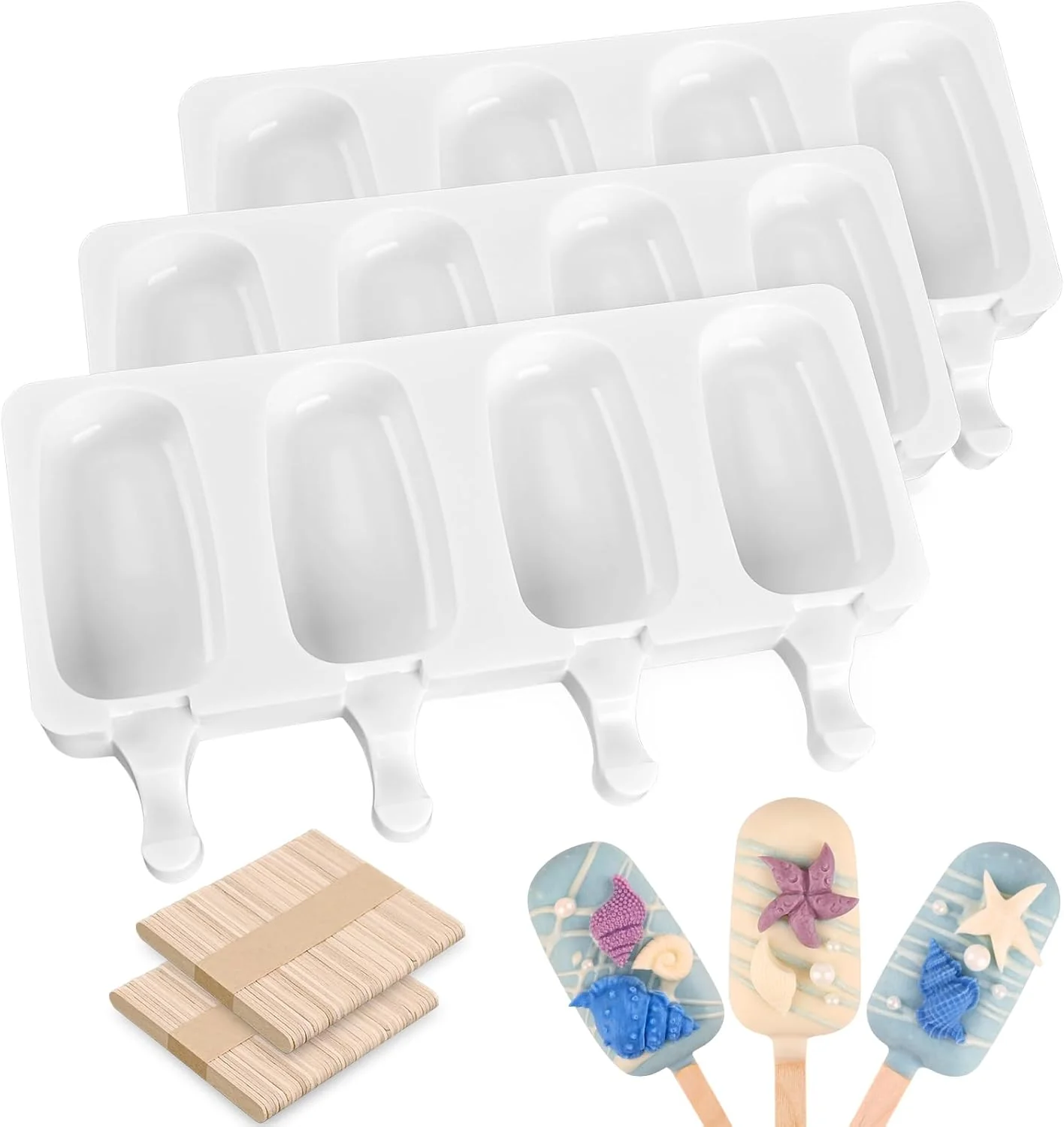 Responsible 3 Pcs 4 Cavity Mini Popsicle Silicone Molds with 100 Wooden Sticks Food Grade Silicone Easy to Use Oval Homemade Ice Cream Molds for Ice Pop Cakesicles Cake Pop Modern