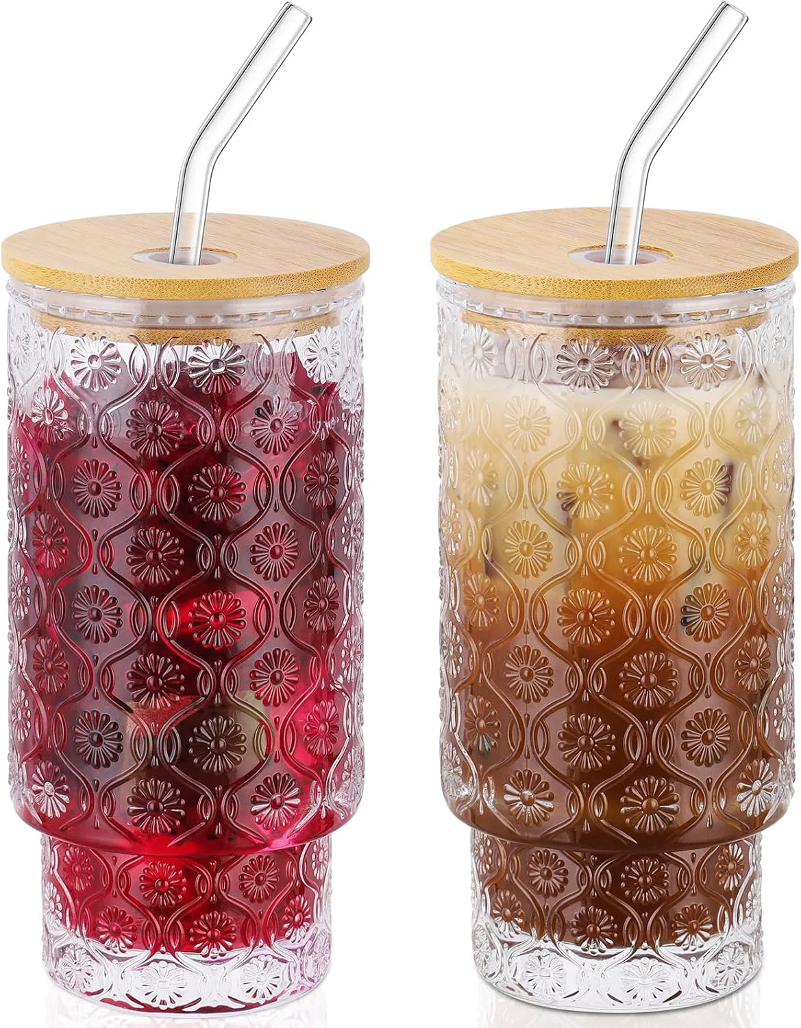 Organic 16 Oz Glass Cups Set of 2 Vintage Embossed Floral Glass Tumbler Iced Coffee Cups with Lid for Whiskey Cocktail Beer 2 Pack Original Design