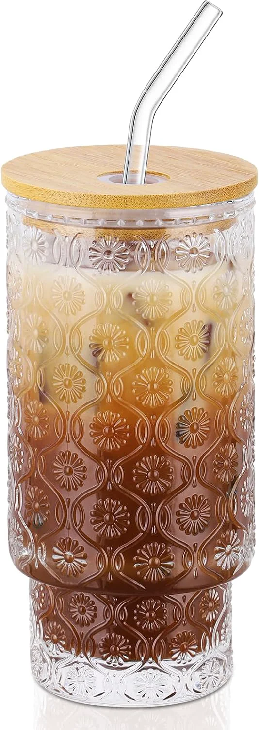 Specialty 16 Oz Glass Cups with Lid and Straw Vintage Embossed Floral Glass Tumbler Iced Coffee Cups for Whiskey Cocktail Beer 1 Pack Fine Crafted