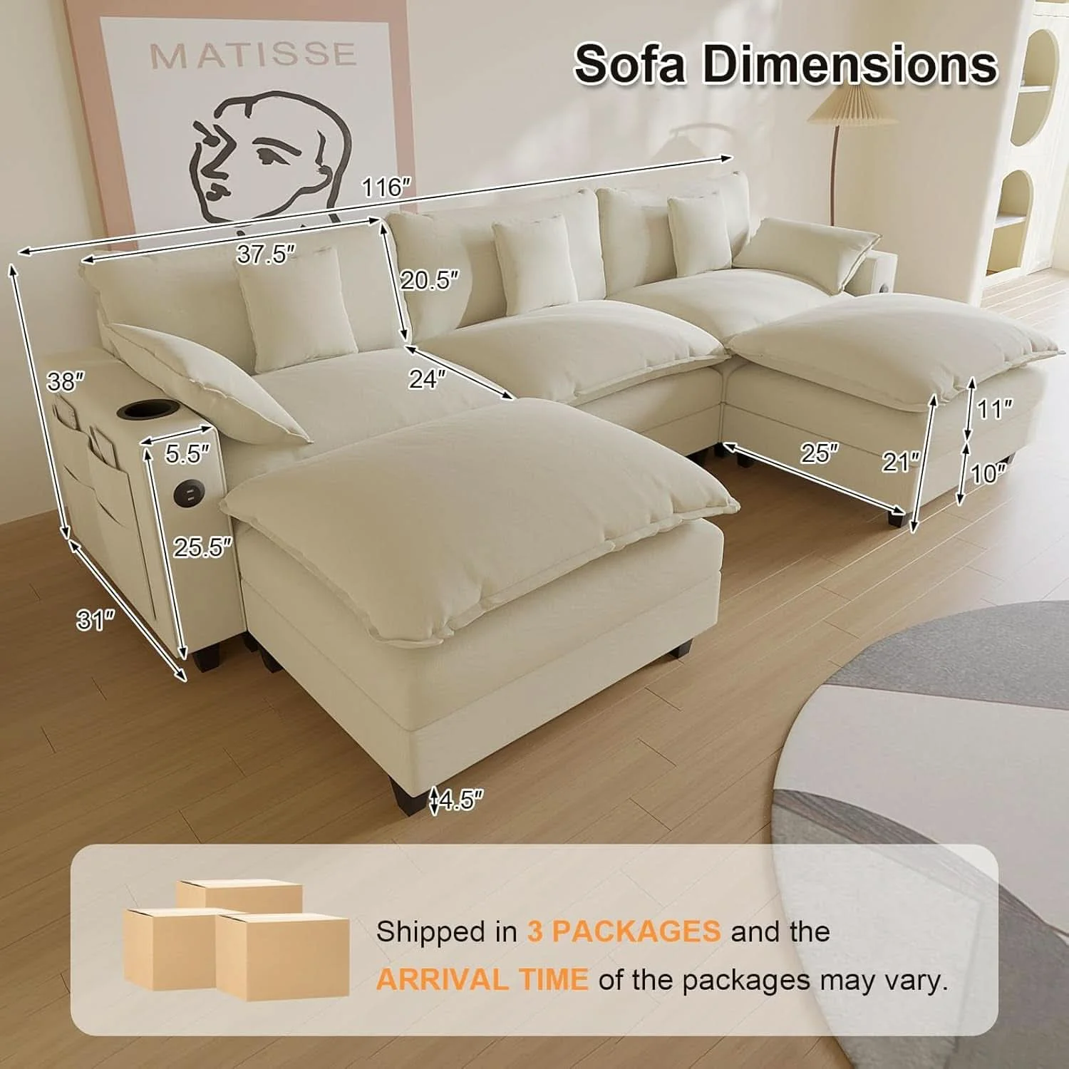 Fashionable Modern Modular Sectional Sofa with Ottoman and Pillows Enhanced
