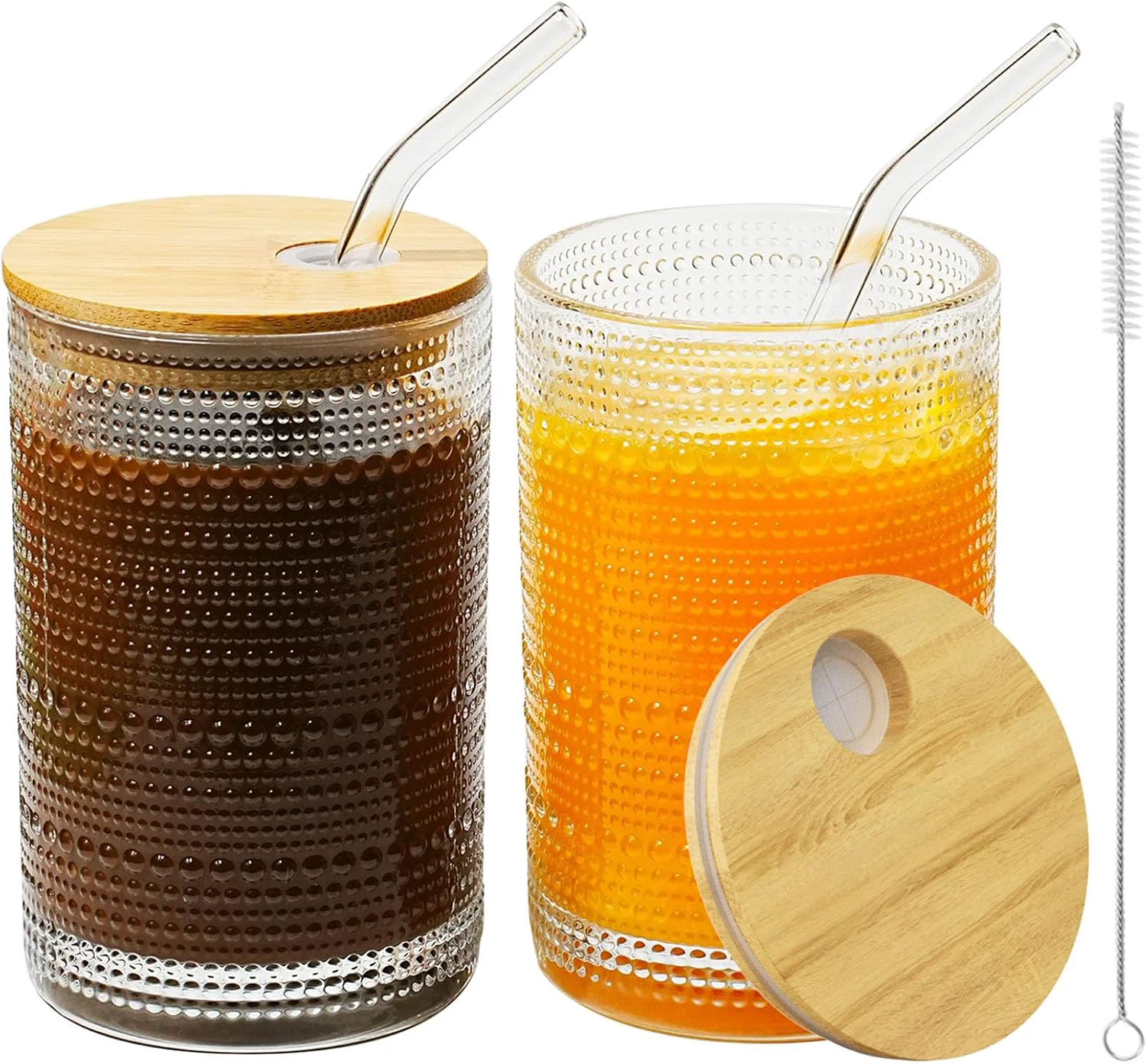 Safe 15 Oz Glass Cups with Lids and Straws Vintage Embossed Glassware for Whiskey Cocktail Beer Iced Coffee Cup with Lid 2 PACK First-Class